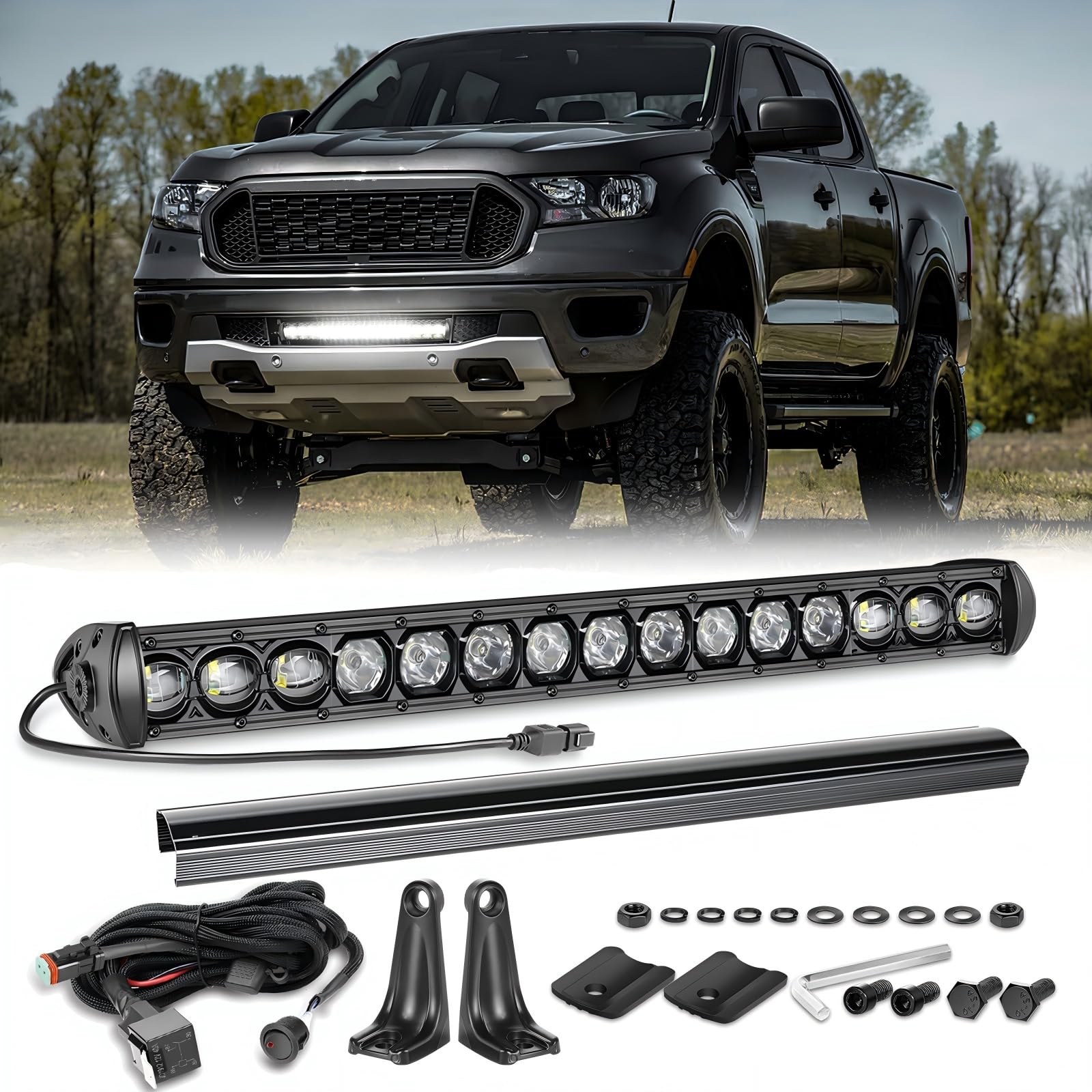 20 Inch Light Bar Single Row 20" Slim LED Light Bar w/Wiring Harness Black Cover Spot Flood Offroad Lights Bumper Mounts for F150 Ram Toyota Wrangler Truck Pickup UTV ATV