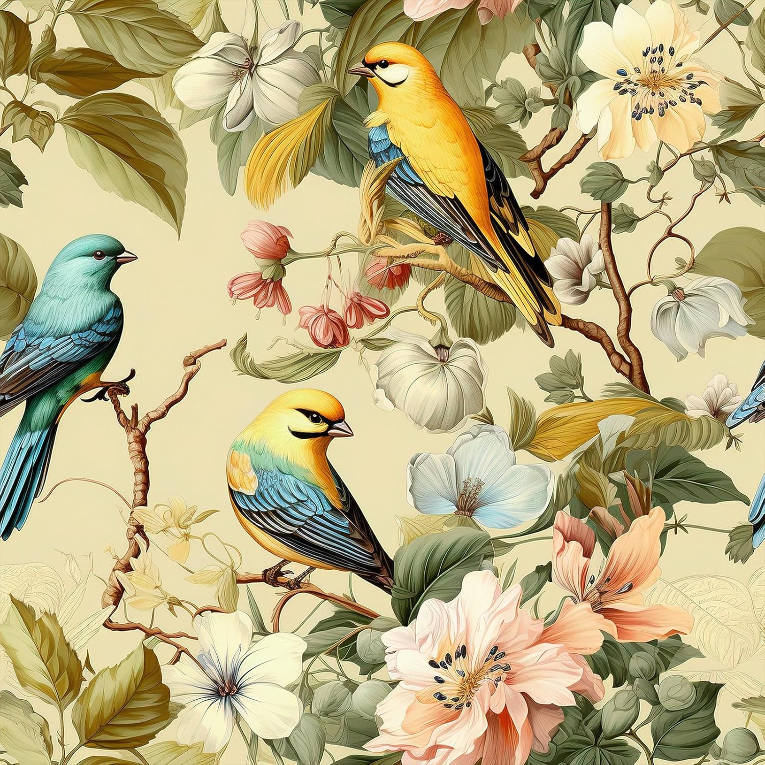 VEELIKE Floral Peel and Stick Wallpaper Vintage Bird Wallpaper Prepasted Chinoiserie Wall Paper for Bedroom Bathroom Renters 17.7''x354'' Self Adhesive Removable Floral Contact Paper for Cabinets Wall