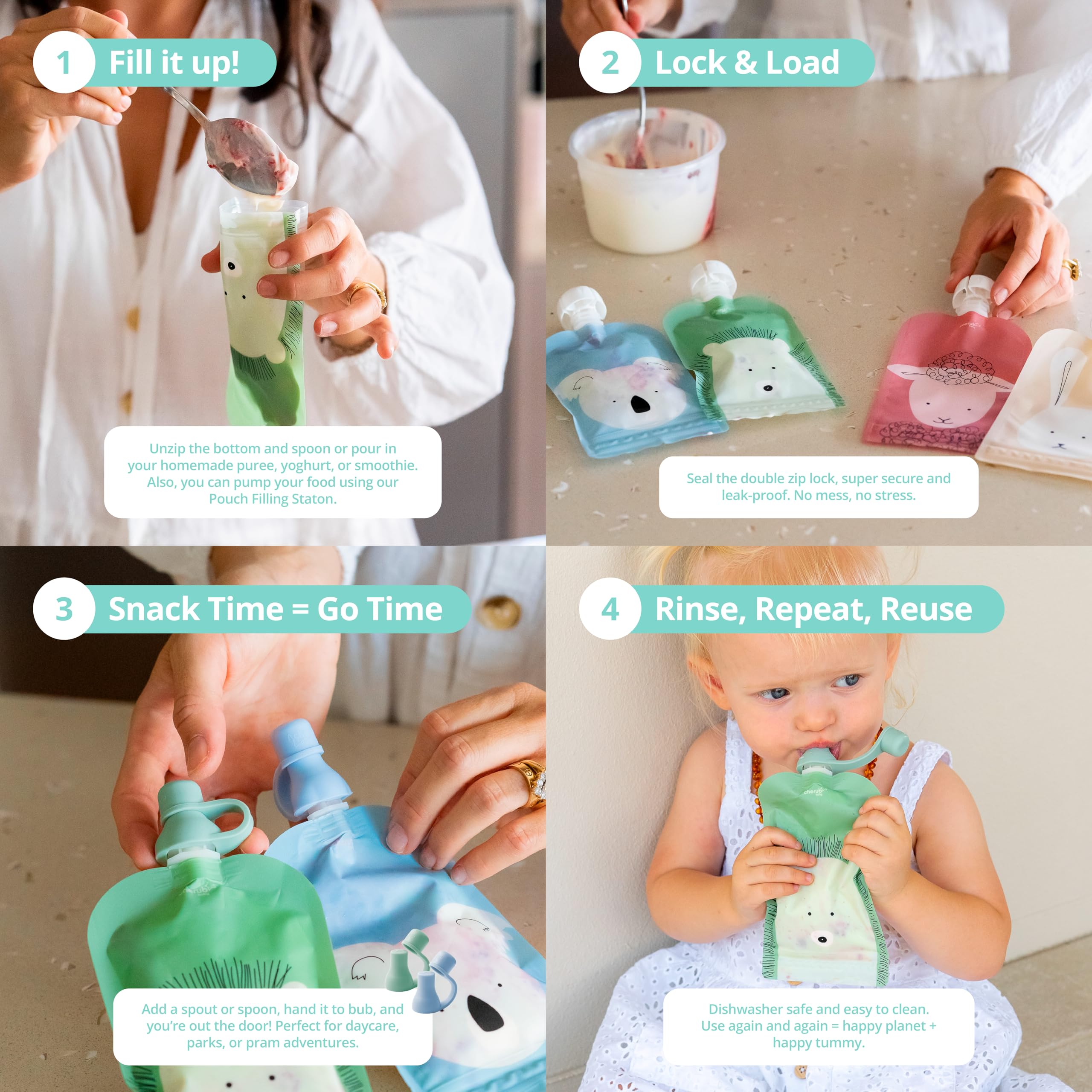 Cherub Baby Reusable Yogurt Pouches 5 Pack 150ml Leakproof Freezer Safe BPA-Free Squeeze Bags for Toddler Baby Snacks Reusable Easy Fillable Animal Printed Pouch for Homemade Smoothies Purees Yoghurt - Image 3