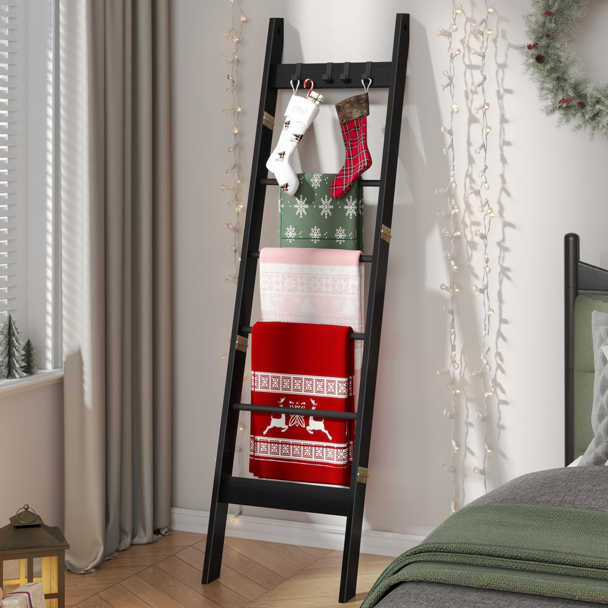 Blanket Ladder for Living Room, Decorative Quilt Rack with 4 Removable Hooks, 6-Tier Farmhouse Ladder Holder Shelf Organizer for Bedroom, Black BR31504B
