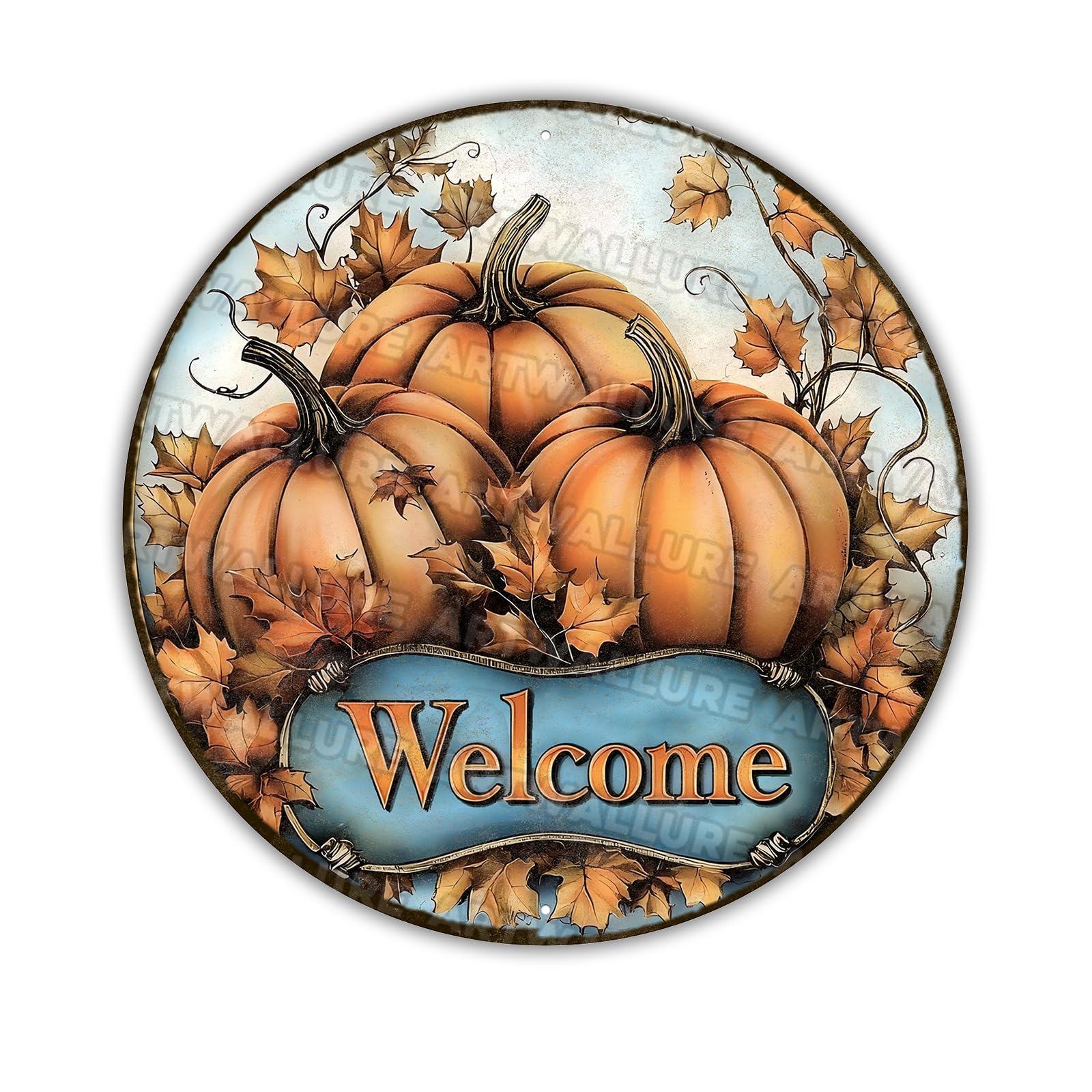 Round Fall Pumpkins Wreath Sign Thanksgiving Welcome Pumpkin Metal Tin Sign for Home Livingroom Coffee Bar Farmhouse Idyllic Wall Art Decor Gift 8x8inch