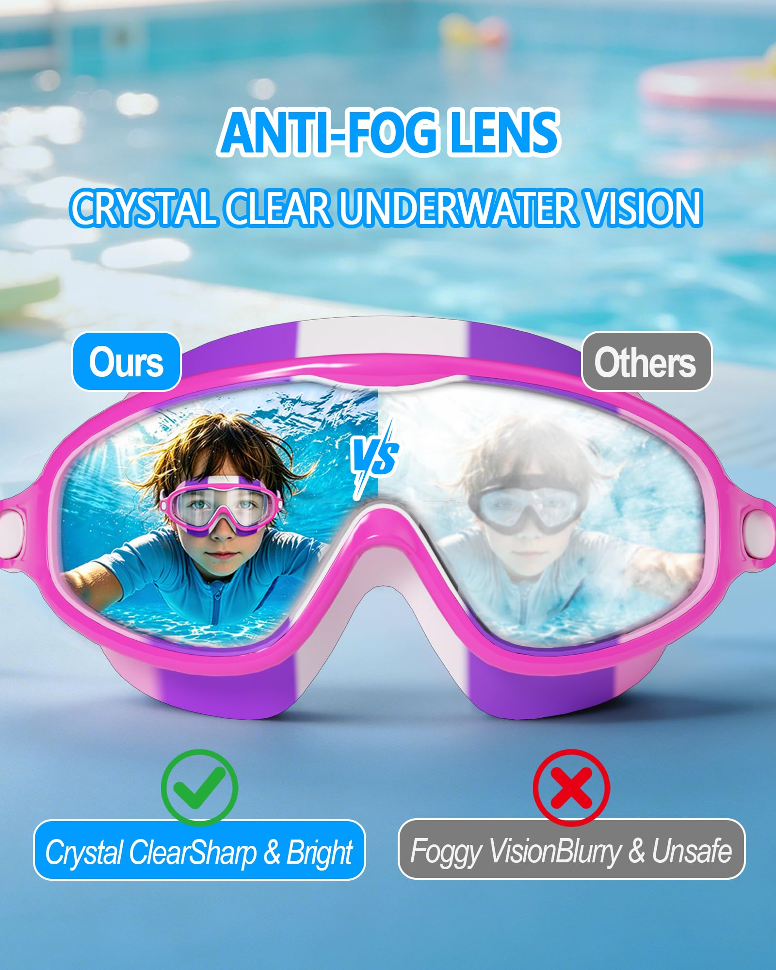 Schwimmbrille für Kinder von 3–15 Jahren mit großem Rahmen, Anti-Beschlag/UV, kein Auslaufen, Schwimmbrille für Jungen, Mädchen, Jugendliche, Kleinkinder (2 Stück)