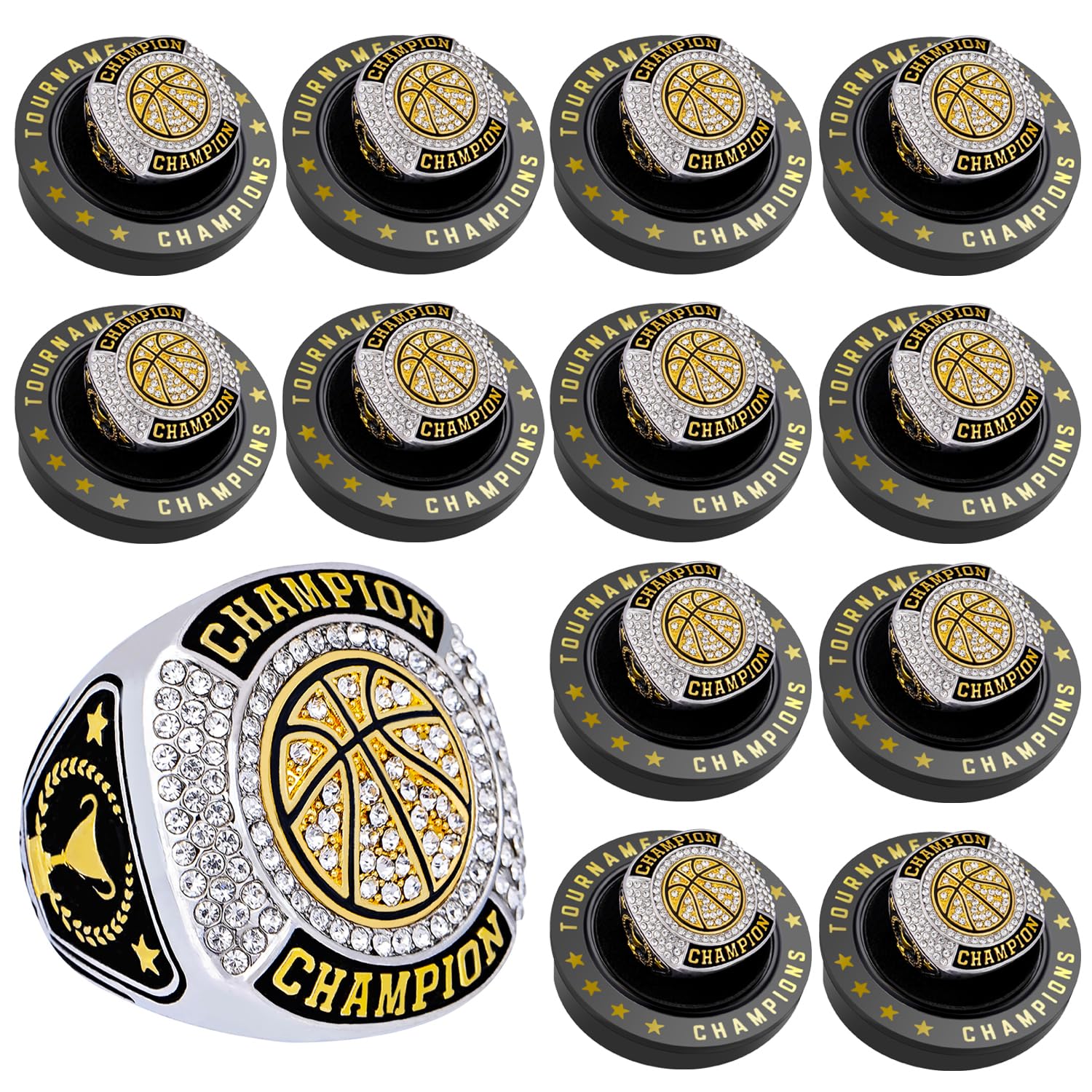 daijbling 12 Pcs Basketball Championship Ring Basketball Ring Sport Ball Trophy Award Gift with Display Neck Chain and Stand for Tournament or League