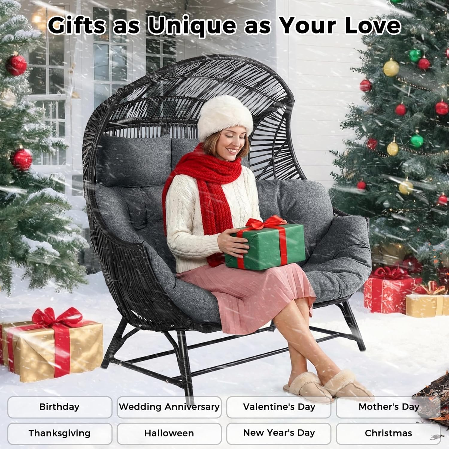 IRONCK Egg Chair Outdoor, Double Wicker Egg Lounge Chair, Upgraded Feet, Handrest and Padded Cushion, 700Lbs, Oversized Loveseat for Backyard, Patio, Living Room, Gray