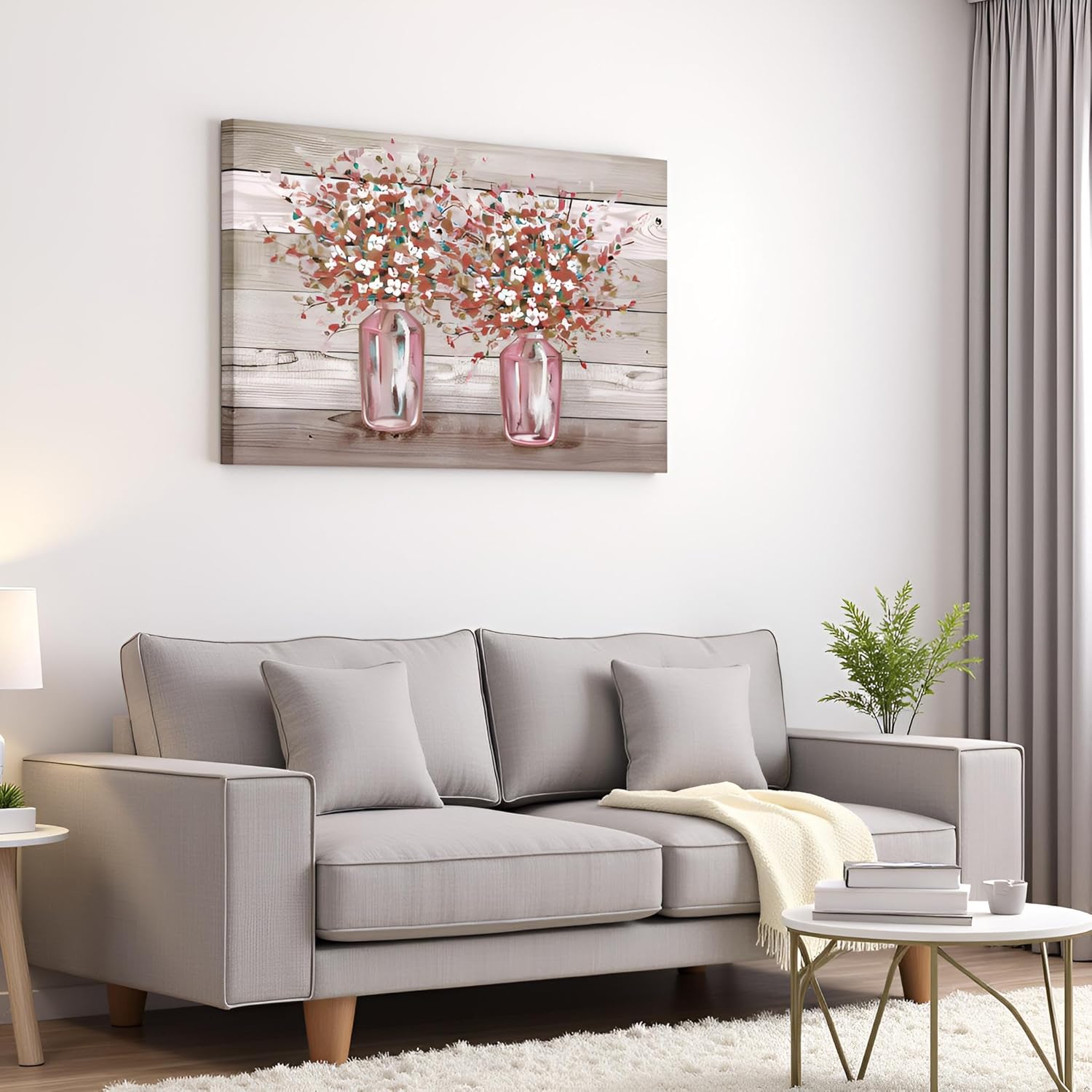 RyounoArt Pink Floral Pictures Wall Decor Pink and Grey Flowers in Vase Canvas Art Painting Farmhouse Decoration Ready to Hang 24"x36"