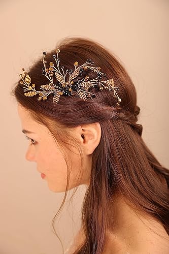 Miniatura 2 de BERYUAN Peine de pelo con cuentas doradas de cristal negro, pieza de pelo de boda, diadema dorada para novia, estilo bohemio, accesorio elegante