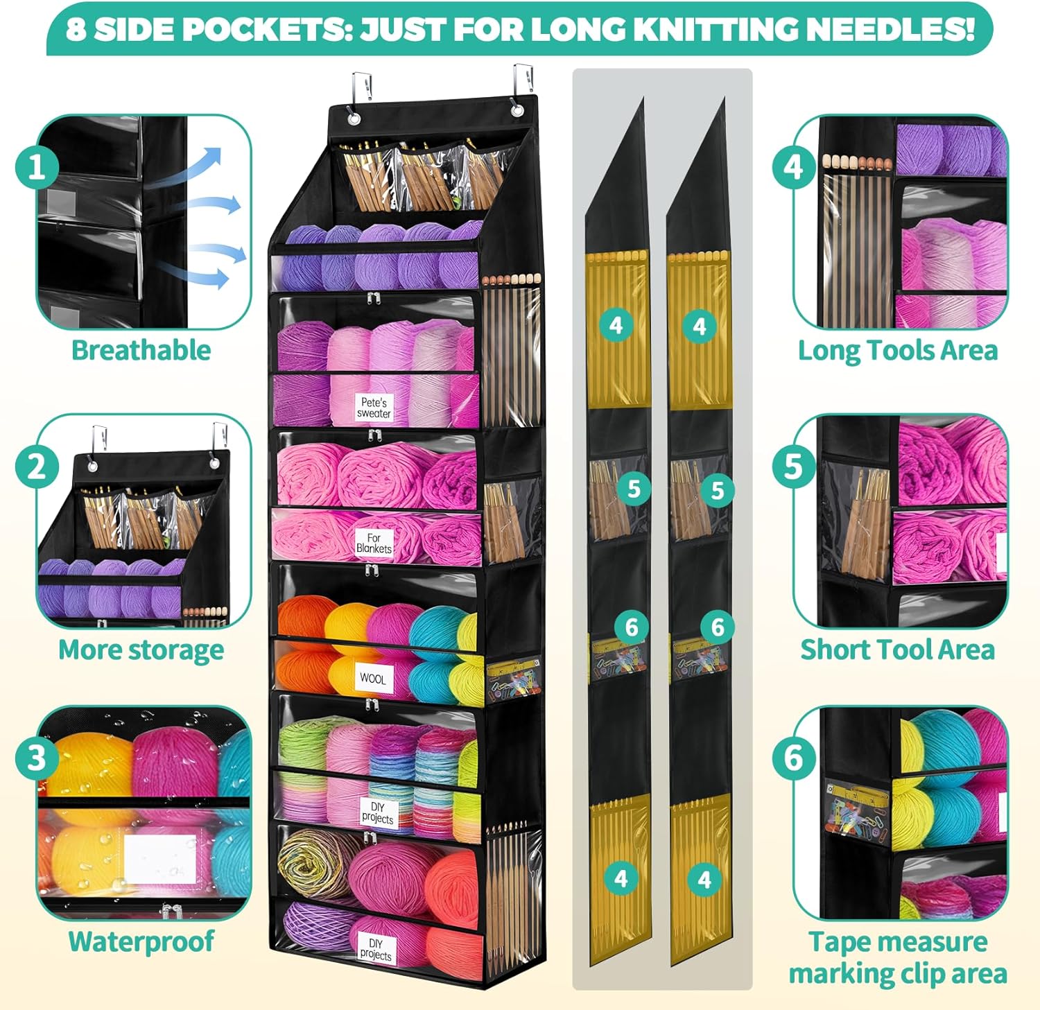 Hanging Yarn Storage Organizer with 6 Zipper Compartments with Labels and 8 Side Pockets, Large Capacity Crochet Yarn Organizer and Knitting Storage for Over The Door (Black)