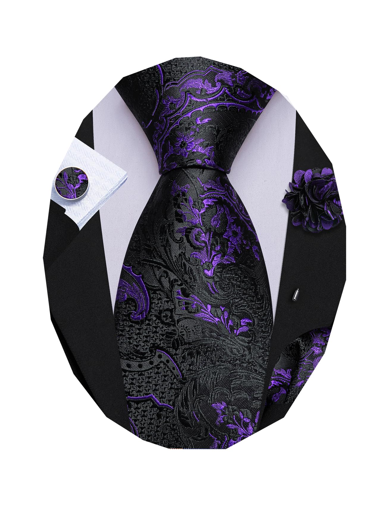 Barry.Wang Men Tie Sets Paisley Silk Necktie Pocket Square Cufflinks