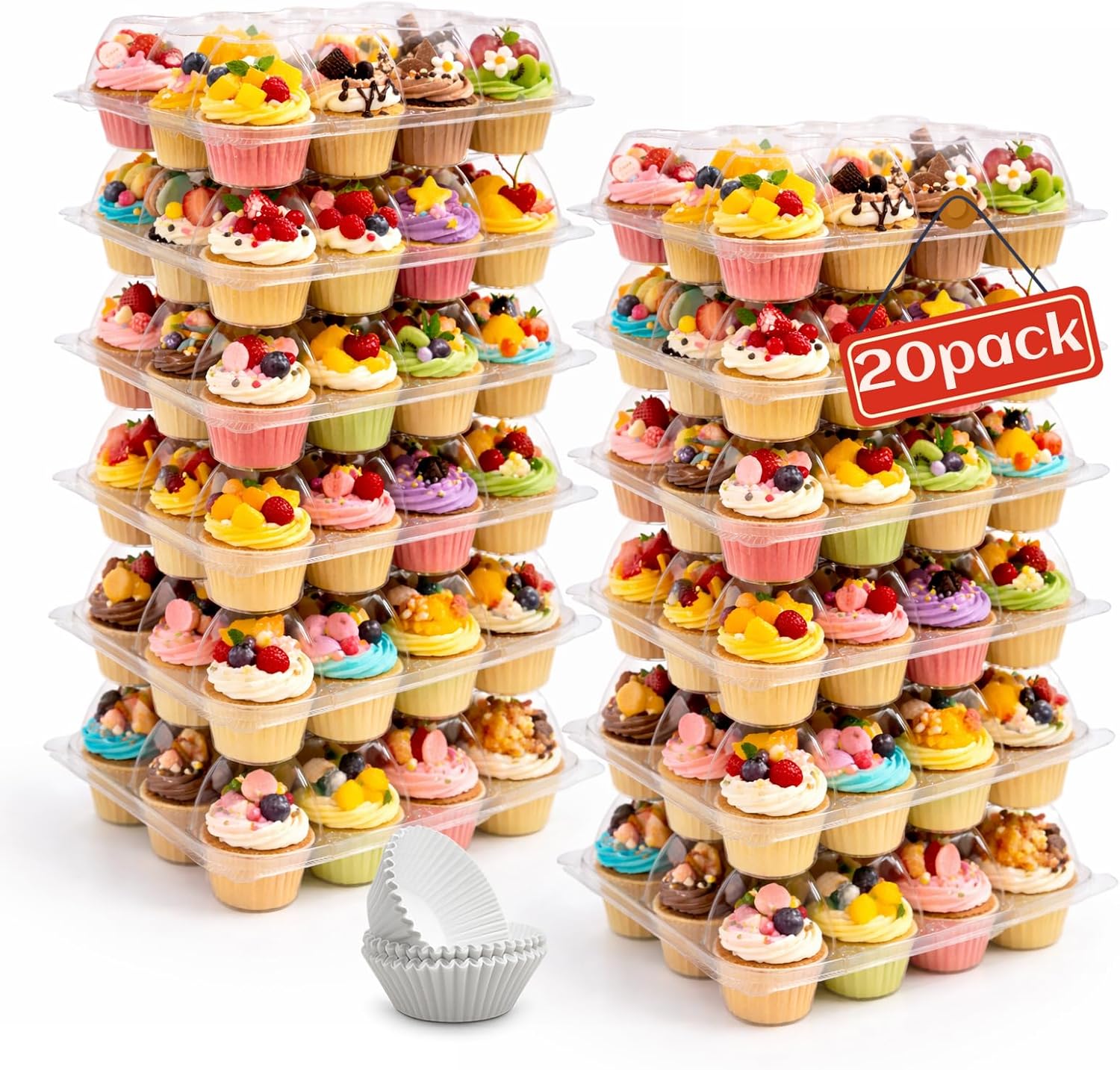 WIKDAY (12 Count x 20 Sets Plastic Cupcake Containers with Liners, Clear Cupcake Holder with Lids, Disposable Cupcake Carrier for Bakery, Cupcake Storage Box for Parties, Bake Sale Packaging