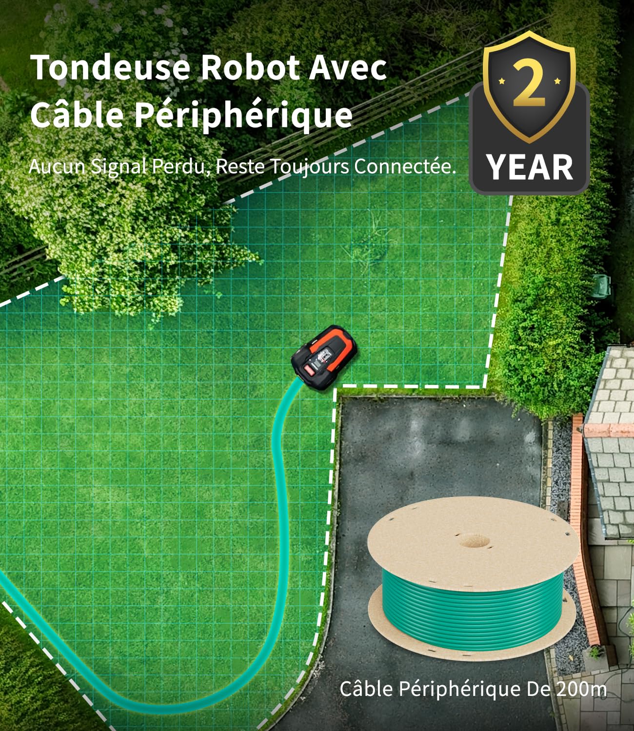 M1 Robot Tondeuse avec Câble Périphérique Jusqu’à 1400 m², Tondeuse Robot Automatique, Hauteur de Coupe 25–65 mm, Pente Jusqu’à 47%, Largeur de Coupe 22 cm, Contrôle Via App et Bluetooth