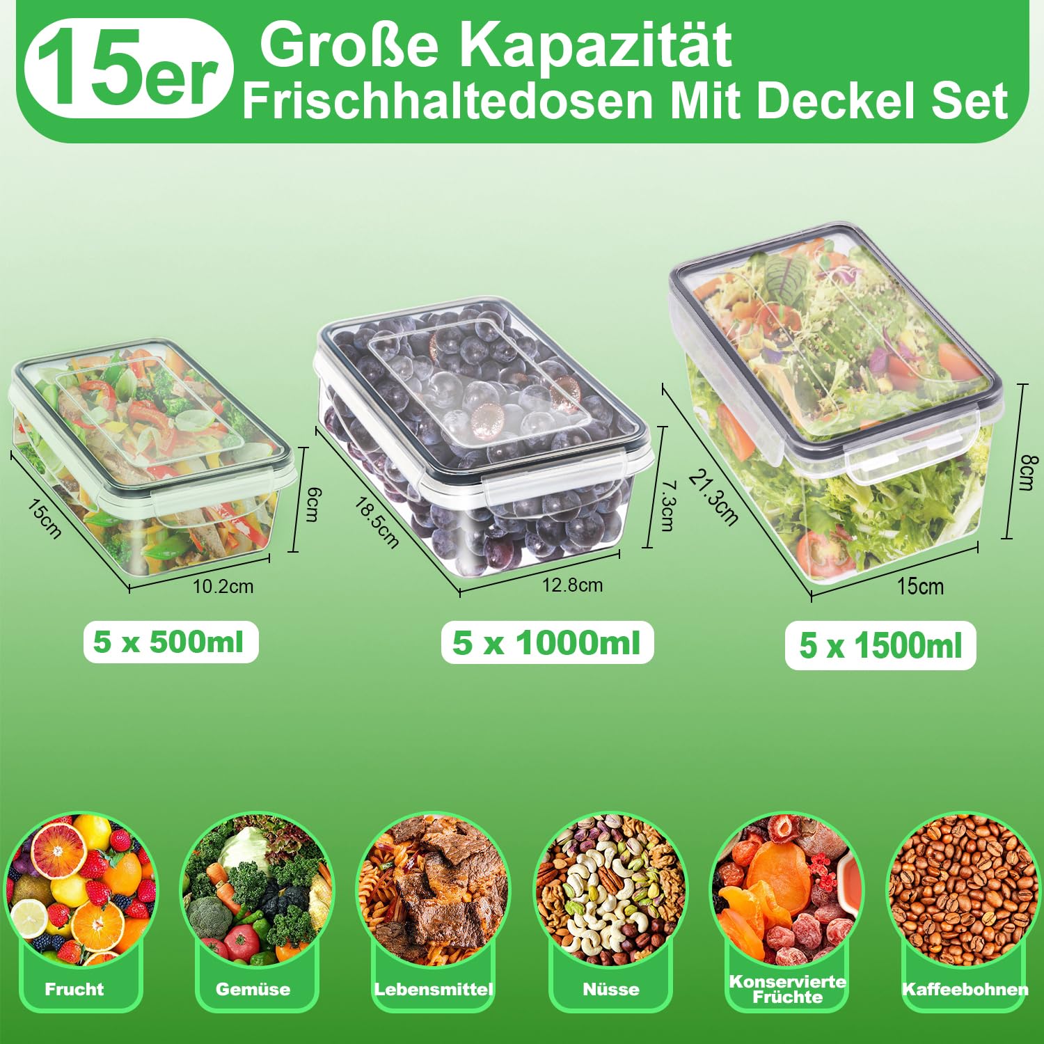 Kottwca Set di 15 contenitori salvafreschezza con coperchio, grandi capacità (5 x 0,5 l + 5 x 1,0 l + 5 x 1,5 l), per cucina Meal Prep, 100% a prova di perdite, senza BPA