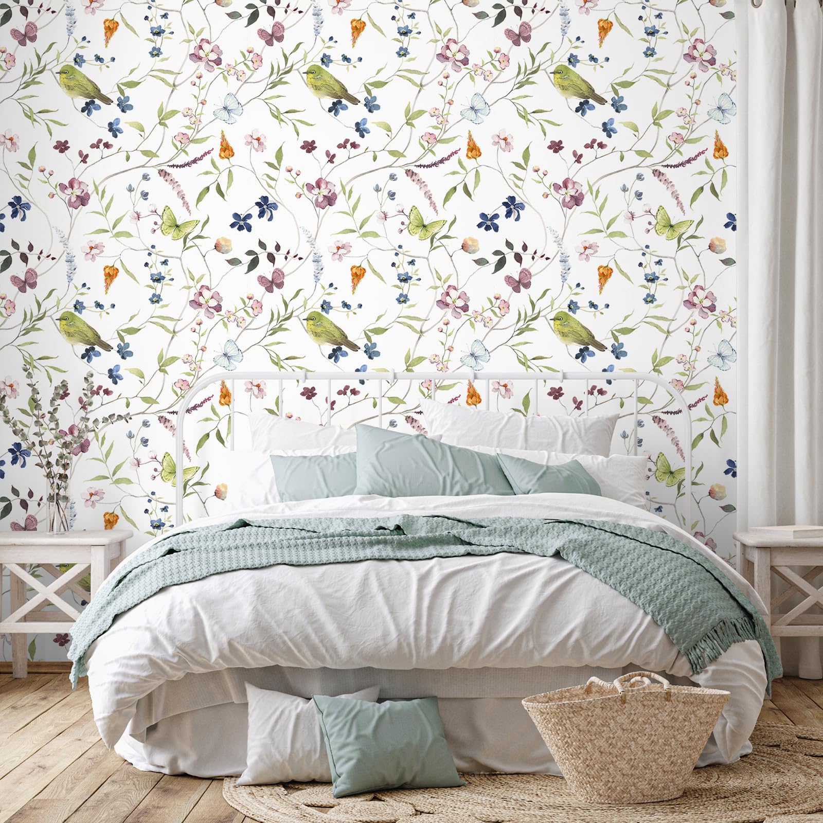 VEELIKE Vintage Bird Wallpaper Peel and Stick Butterflies Floral Wallpaper 44.5cm x 300cm Removable Chinoiserie Wallpaper Mural for Bedroom Bathroom Prepasted Art Deco Contact Paper for Cabinets Walls - Image 2