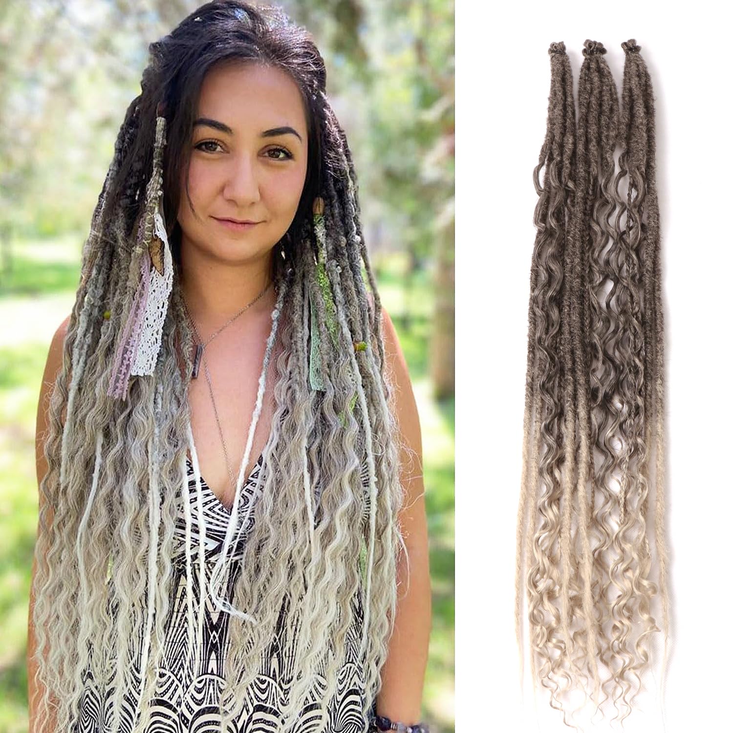 24 Inch Synthetic Dreadlock Extensions Hippie Single Ended Dreads 0.6 cm Width Loc Extensions Reggae Style Crochet Hair for Women (T1B/Grey