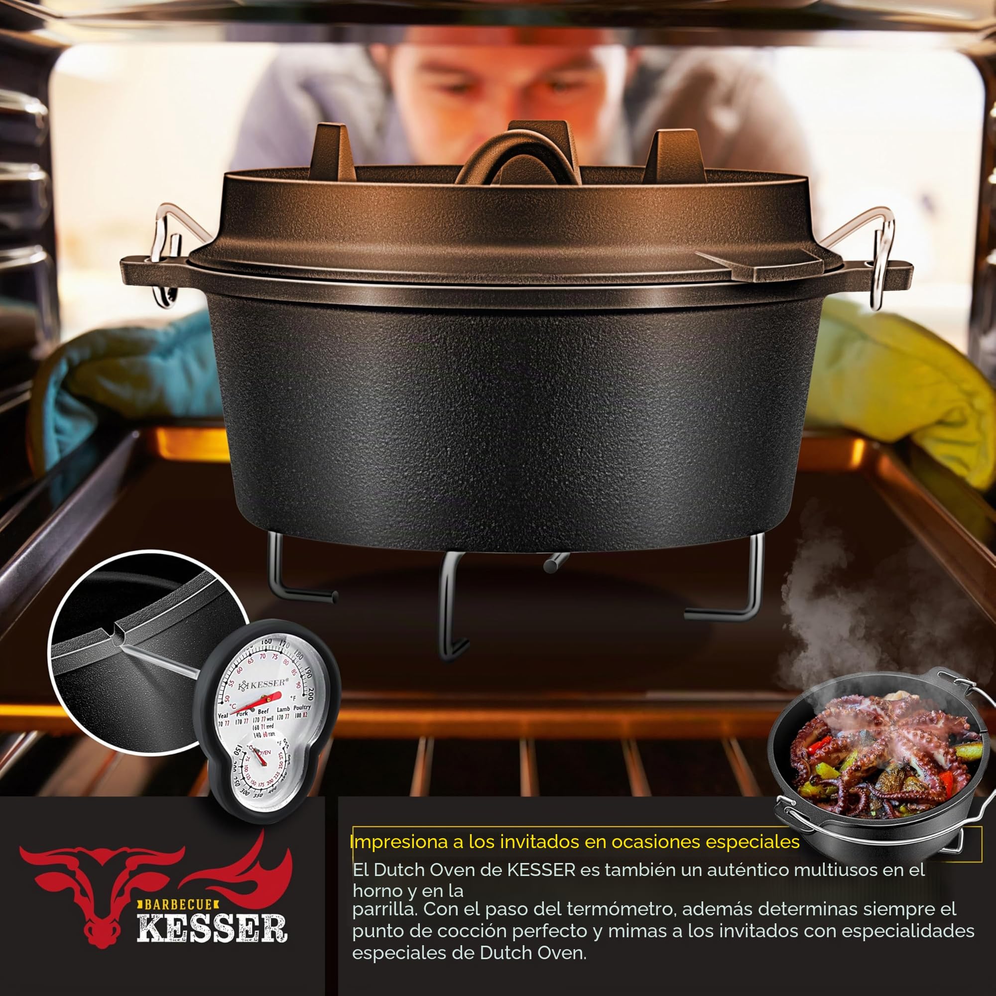 KESSER® Juego de horno holandés para barbacoa, 12 litros, olla para hoguera con posavasos de acero inoxidable, olla de hierro fundido con elevador de tapa, asa y ranura para termómetro