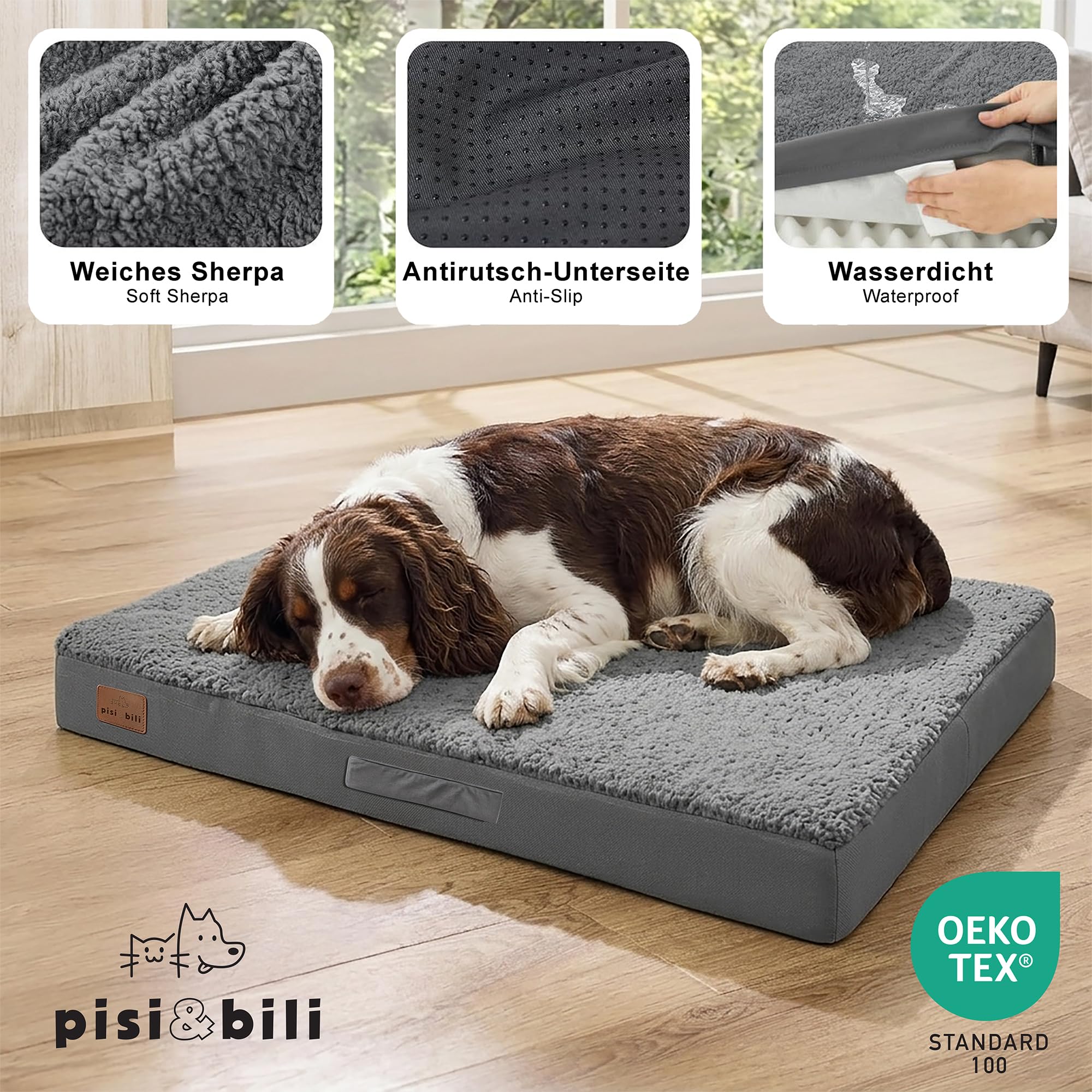 Cuccia ortopedica per cani, 104 x 74 x 9 cm, materassino per cani | Cuscino per cani in memory foam, impermeabile, lavabile, morbido rivestimento Sherpa, antiscivolo, grigio scuro