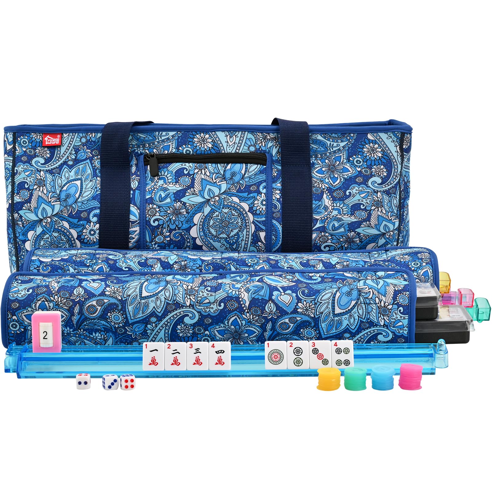 yookee home Mahjong Set Mahjong Game Set American Mahjong Set 166 Tiles 4 All-in-One Color Rack/Pushers Blue Paisley Soft Bag Mahjongg Ma Jong Set
