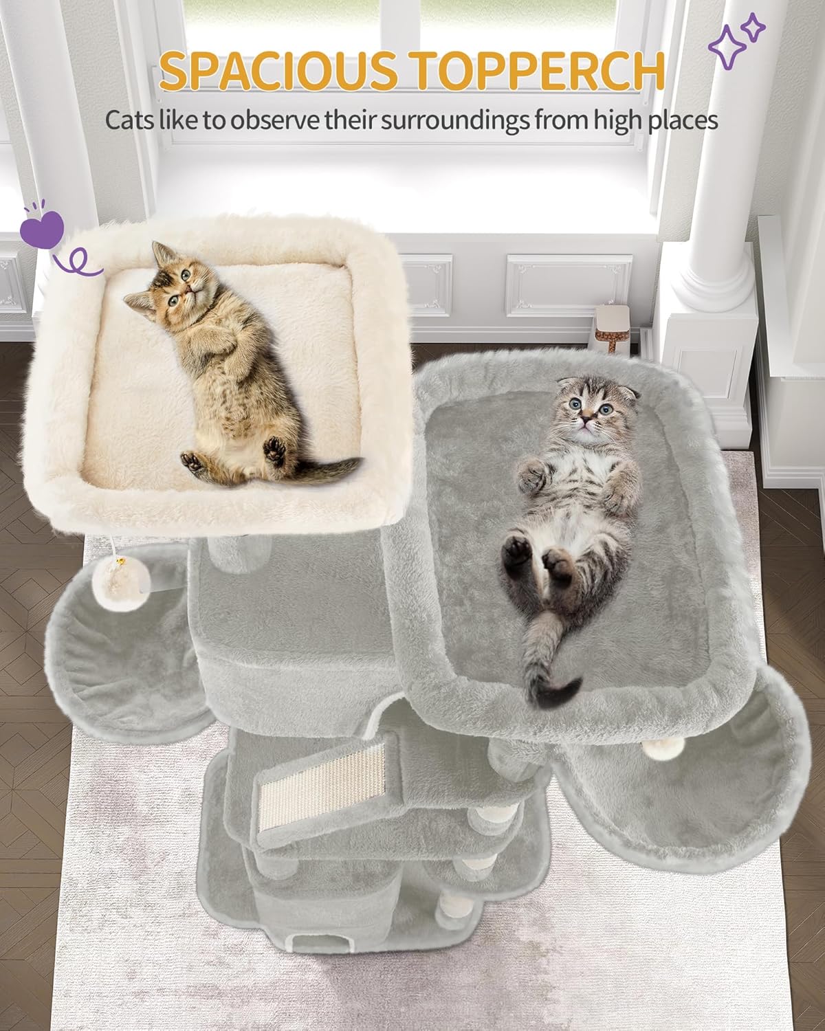 72.8" Cat Tree, Large Cat Tower for Indoor Cats, Cats House Furniture with 2 Platforms, 3 Condos, 6 Scratching Posts, 2 Baskets, Pompoms, Washable Cushion, Light Grey MS18818LG