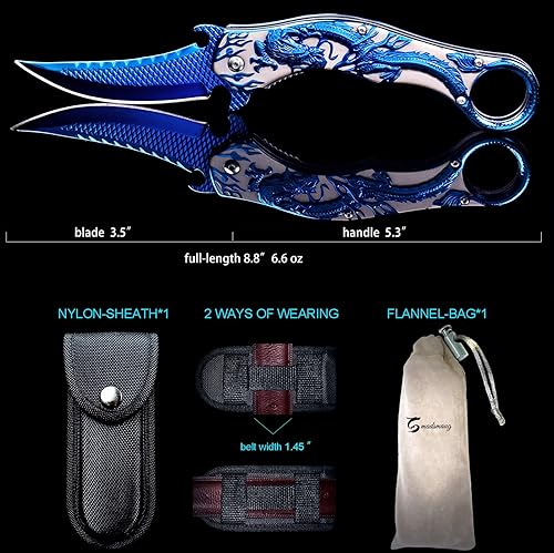 Miniatura 7 de Cuchillo de bolsillo, 9Cr18Mo BLADE Cuchillo plegable de bolsillo con funda, genial cuchillo EDC de dragón 3D, gran cuchillo de bolsillo de regalo