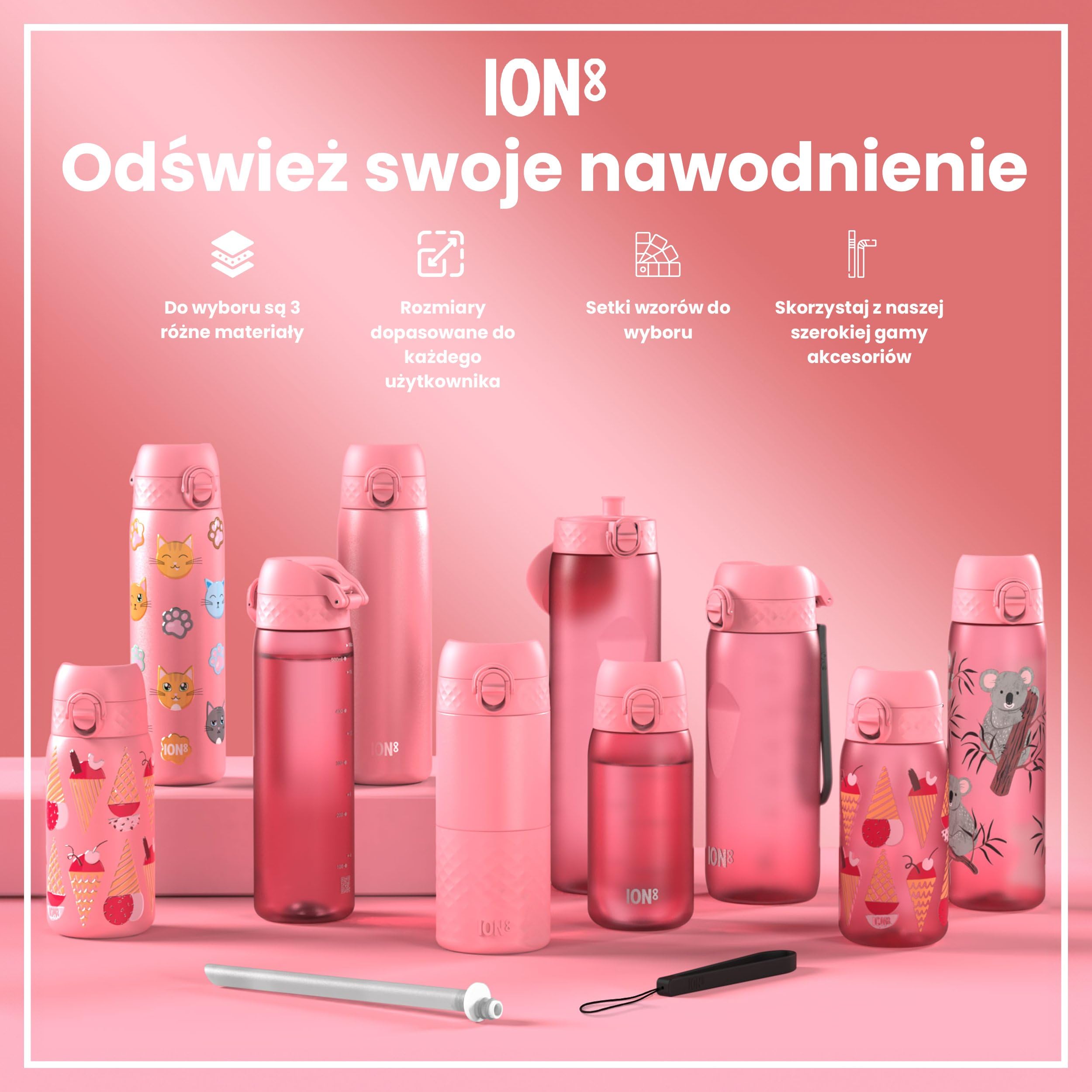 ION8 Butelka na Wodę, 500 ml/18 oz, Szczelna, Łatwe Otwieranie, Bezpieczny Zamek, Można Myć w Zmywarce, Bez BPA, Higieniczne Pokrycie, Uchwyt do Przenoszenia, Łatwa Czyszczenie, Bezwonny, Motyw Koty
