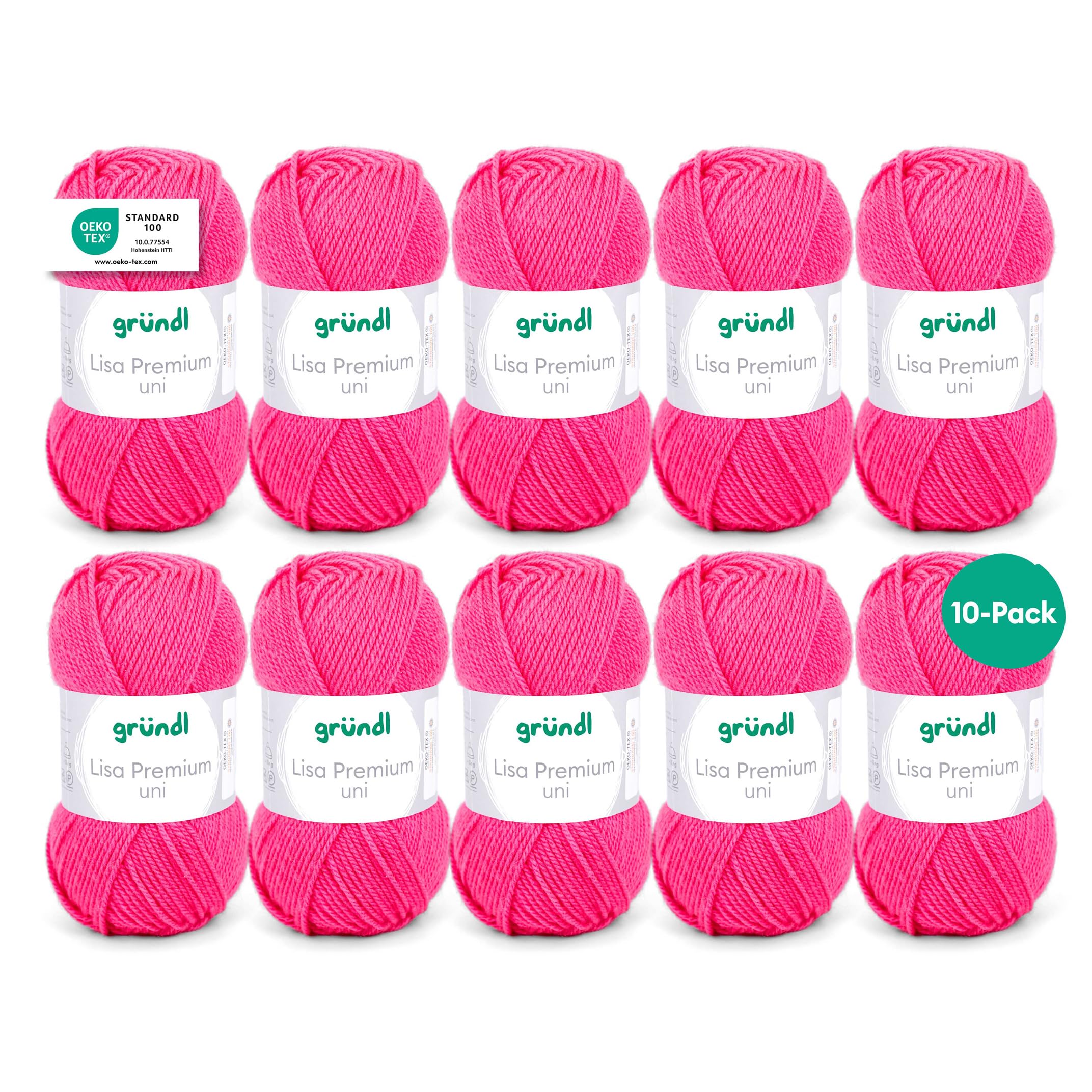 Gründl Wolle Lisa Premium uni - Garn zum Stricken - Strickgarn - Häkelgarn - Weich und hautfreundlich - 100% Polyacryl 10 Knäuel 50 g / 133 m - Nadelstärke 3,5-4,5 - Neonpink