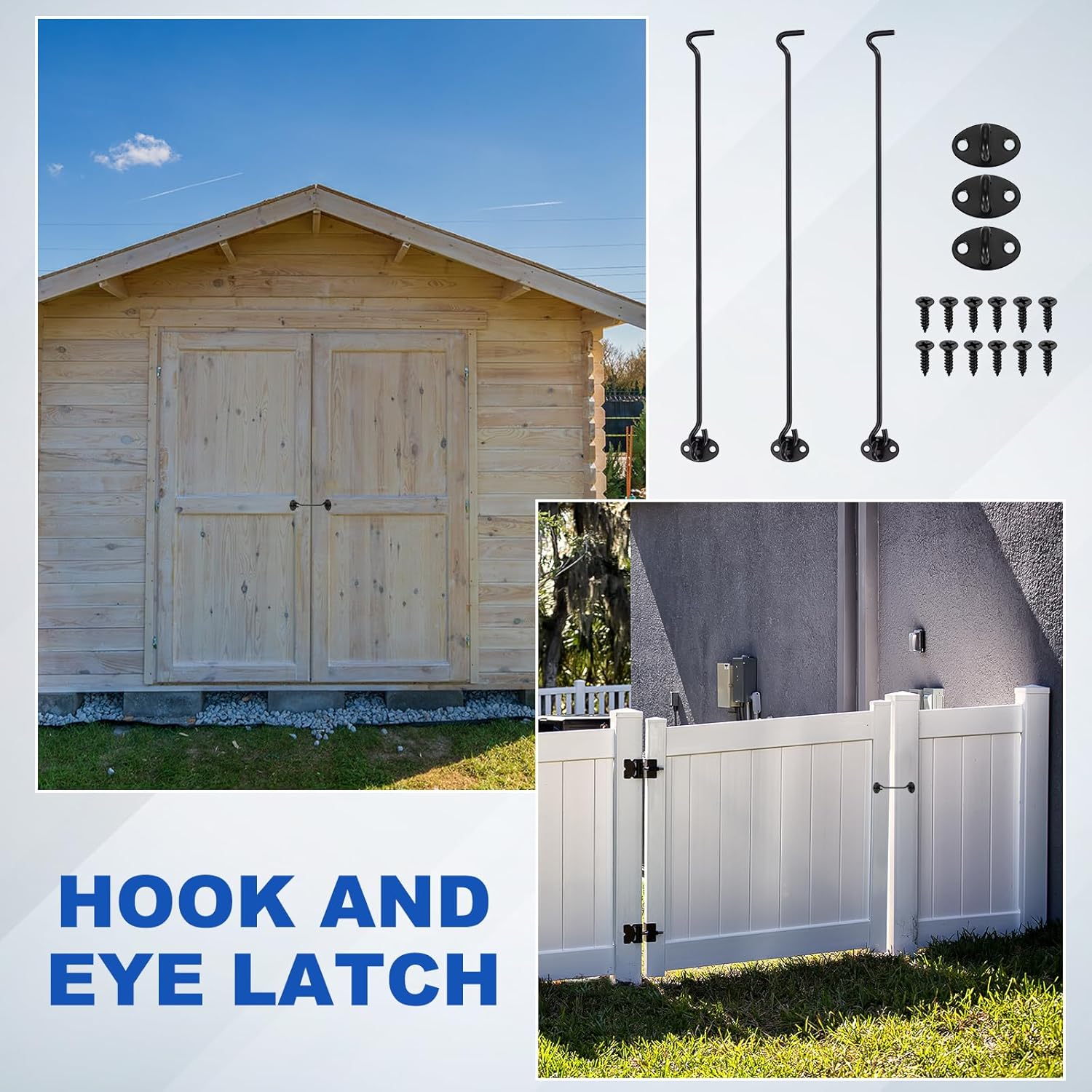 uxcell 6Pcs Hook and Eye Latch, 15.8" Stainless Steel Door Lock Gate Latch Rust-Resistant Sliding Door Lock Eye Hook Latches with Screws for Doors Window Fence, Black