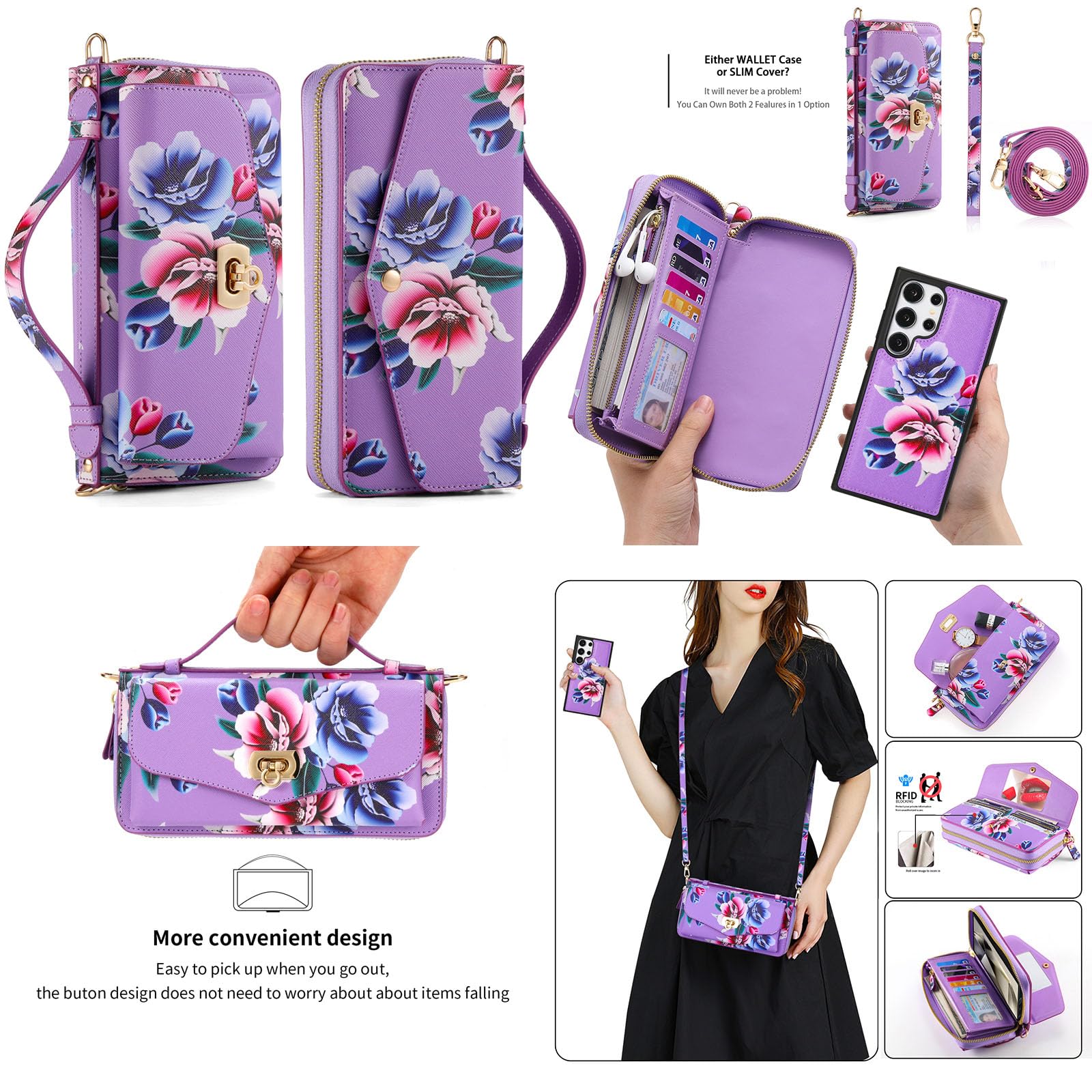 LITOU Compatible for Samsung Galaxy S24 Ultra Phone Case Wallet for Women Zipper,Detachable Magnetic,RFID Blocking Card Holder,Crossbody Strap Wristlet Case for Galaxy S24 Ultra.B3