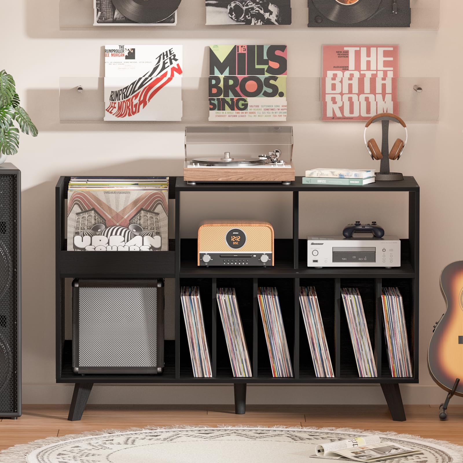 Großer Plattenständer mit Aufbewahrung,Plattenspieler-Ständer mit Ablage,Vinylplatten-Halterung mit Präsentationsfläche,Plattenständer für bis zu 450 Alben, Plattenregal für Musikzimmer und Wohnzimmer