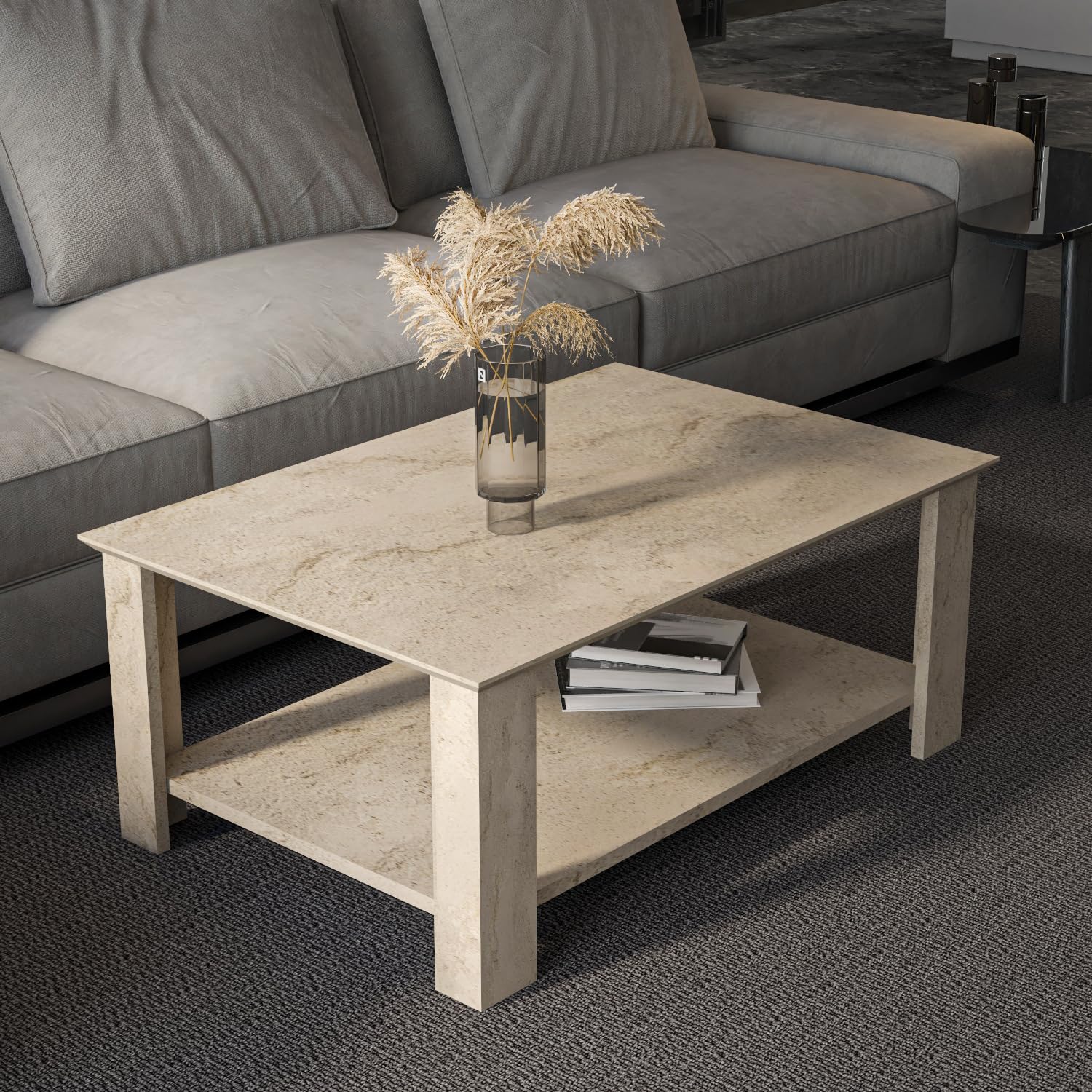 DECOROTIKA Leroy Table Basse | 90 cm x 60 cm | Rectangulaire | Design Contemporain (Travertine)
