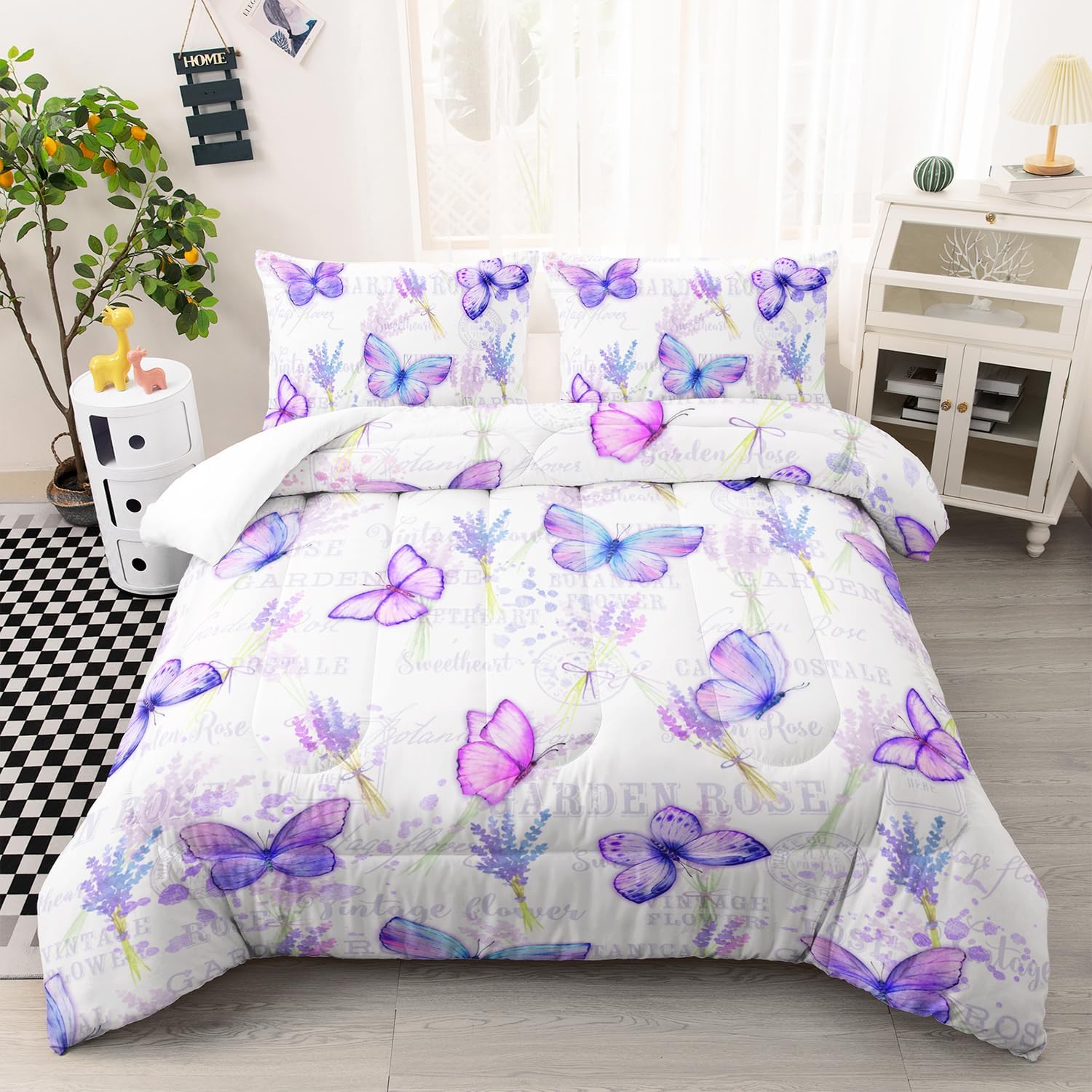 XYNHML Purple Butterfly Comforter Set Queen Size for Girls
