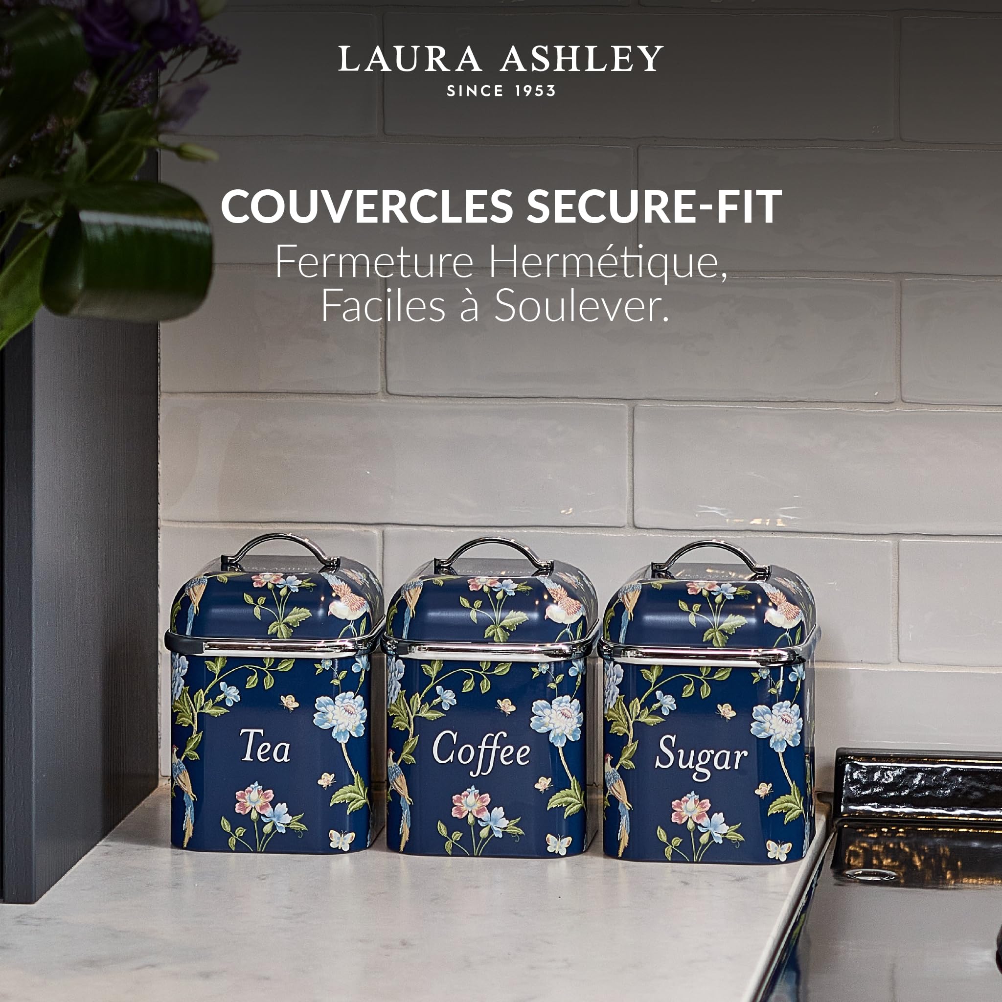 VQ Ensemble de 3 bocaux de rangement pour thé, café et sucre Laura Ashley, motif marin Elveden, élégante boîte de rangement en fer-blanc avec couvercle (Marine Elveden)