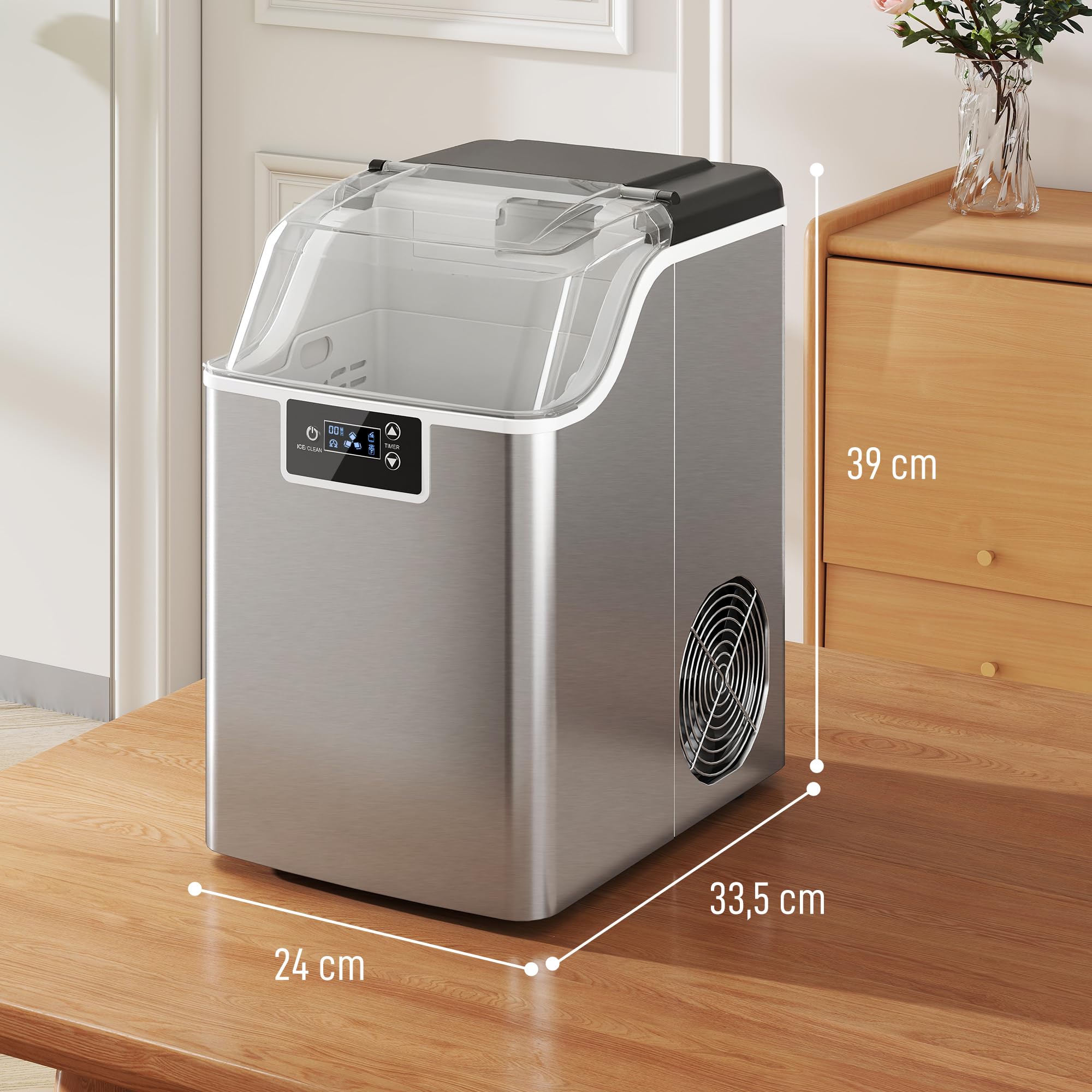 HOMCOM Eiswürfelmaschine Edelstahl Ice Maker 20kg/24h Eiswürfeln | 2,1L Wassertank, 24 Nugget pro Durchgang, Selbstreinigender Eiswürfelbereiter, Eisschaufel und Korb, Für Küche Büro Party