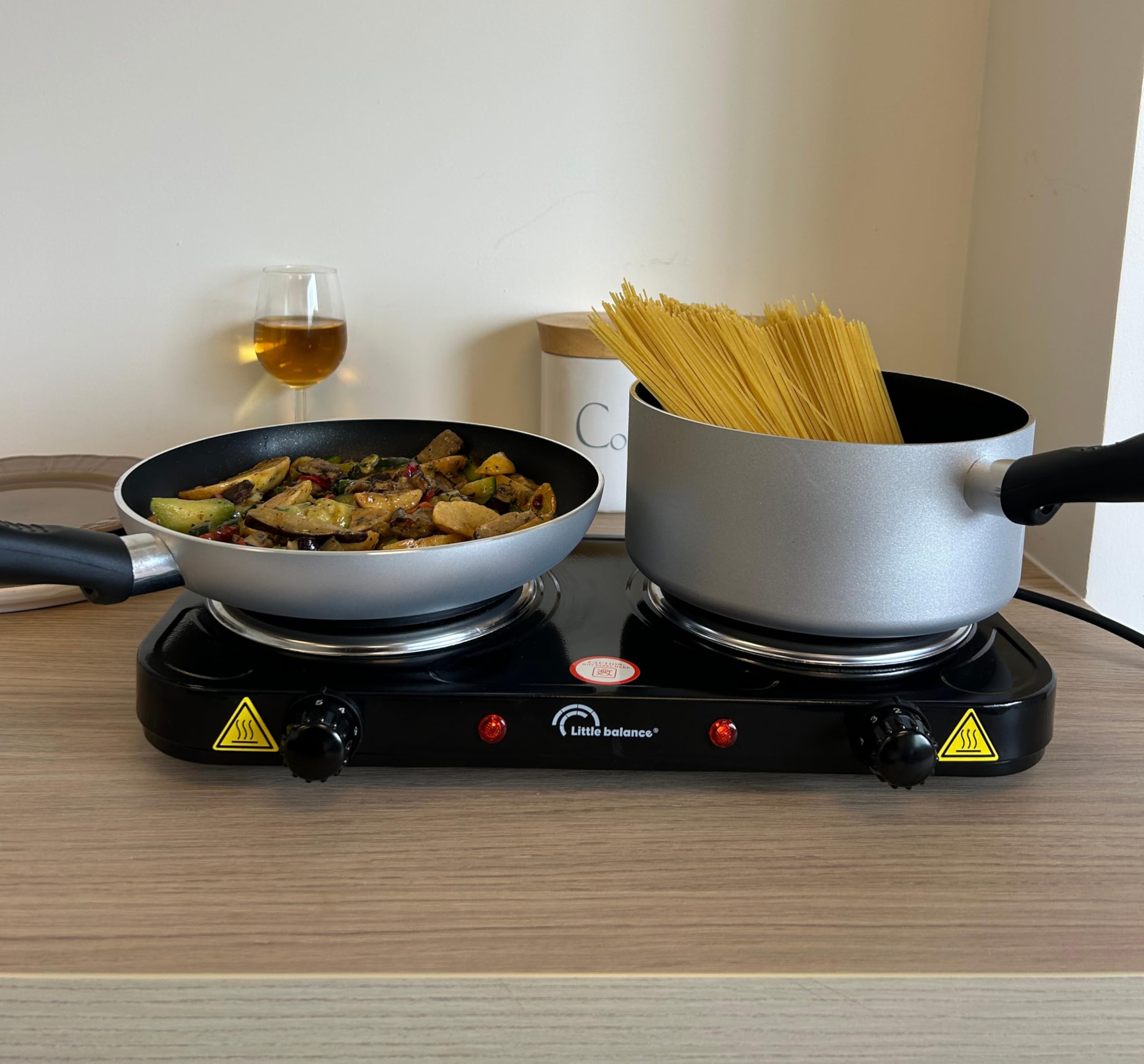 LITTLE BALANCE 8857 Little Cook Duo Vintage, piano cottura elettrico doppio, ideale per studenti, campeggio, ufficio, piccoli spazi, 2 termostati con regolazione continua, 2000 W, nero