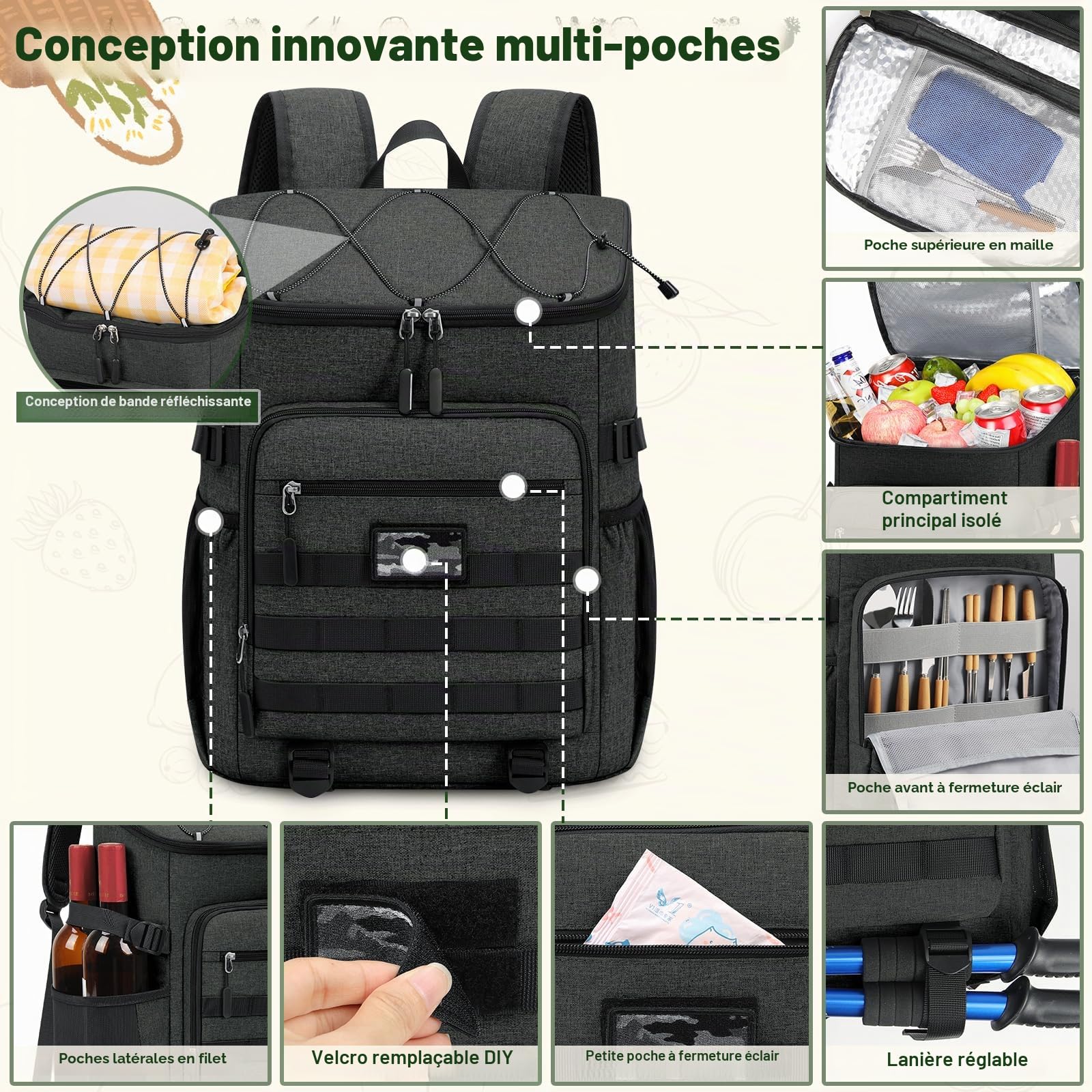 NEWHEY Sac à Dos Isotherme 30L Imperméable Étanche Grande Capacité Léger pour Sac de Pique-Nique à Glacière Portable Travail en Extérieur Camping Plage Randonnée