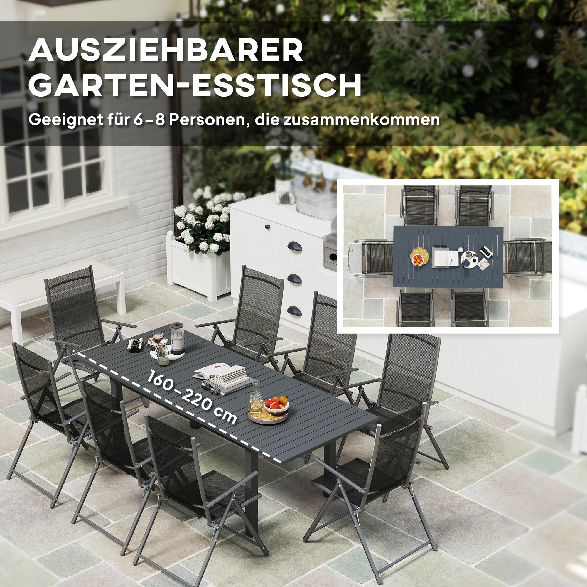 Outsunny Gartentisch Ausziehbar Aluminium Balkontisch 160/220x90 cm Wetterfest Ausziehbar Buffettisch für 6-8 Personen, Outdoor Esstisch für Garten, Terrasse Balkon Grau