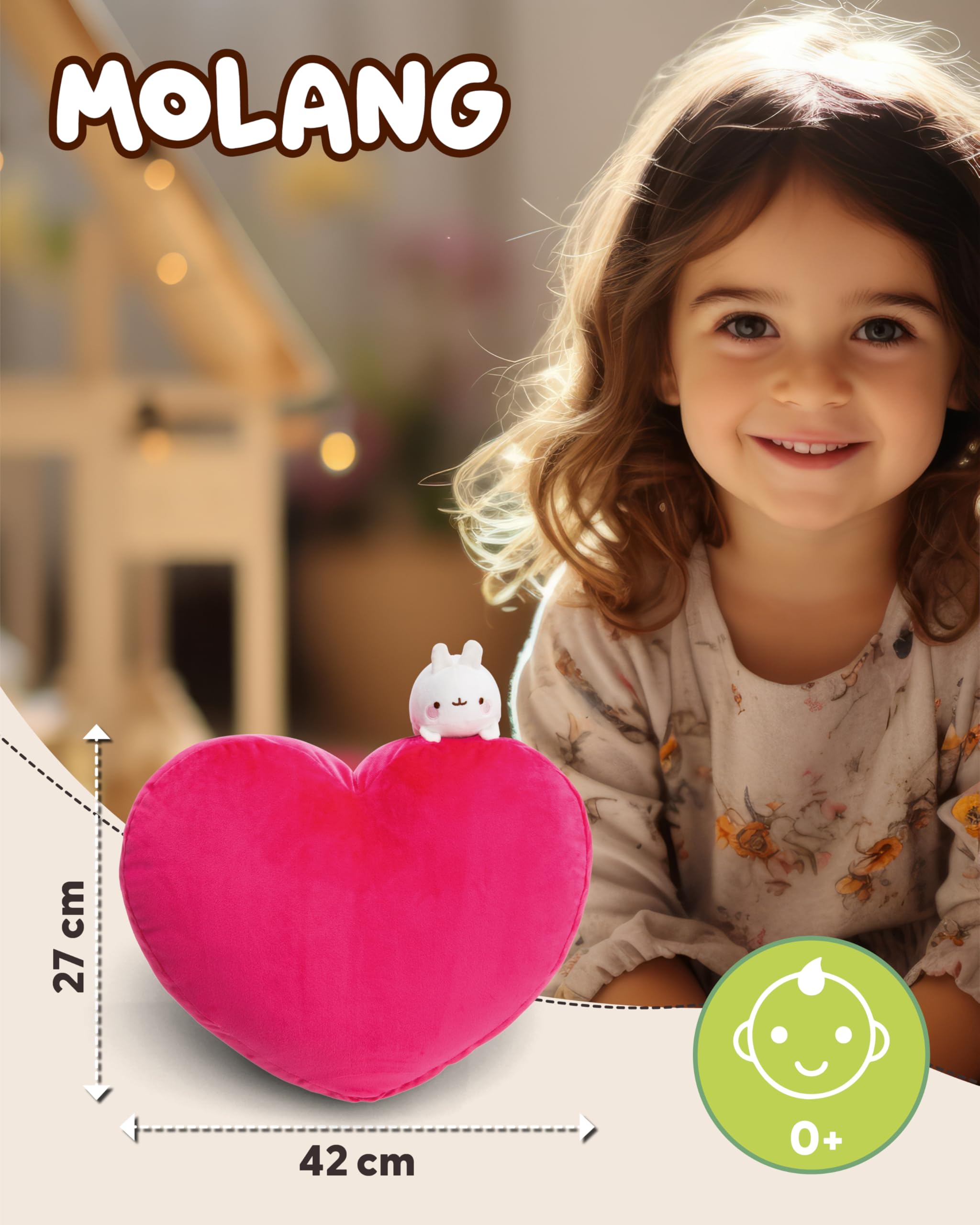 NICI NIC Kissen MOLANG herzförmig 42x27cm mit Kuscheltier MOLANG 10cm pink - Flauschiges Kuscheltierkissen für Kinder, Babys und Kuscheltierliebhaber, ideal für Zuhause, Kindergarten oder unterwegs