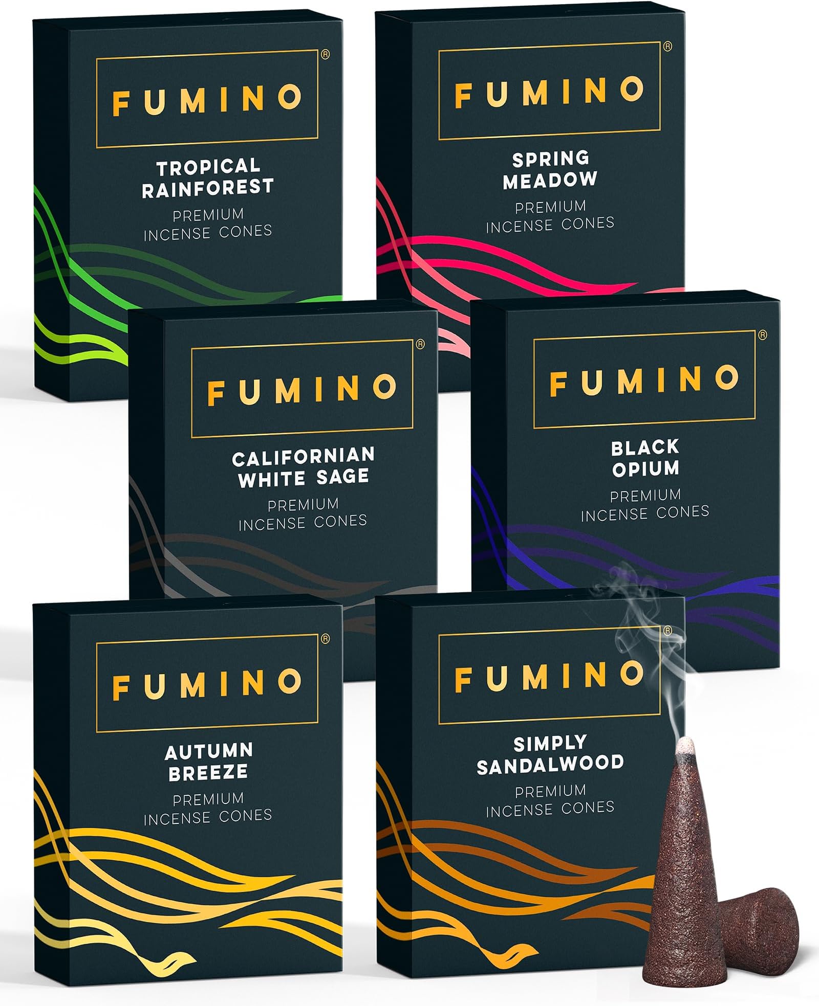 Incense Cones Fumino Fresh Multipack Essentials Bundle 6 Boxes 90 Pieces Masala Agarbatti Joss Fragrance for Relaxation and Meditation, Home and House Decor Scent