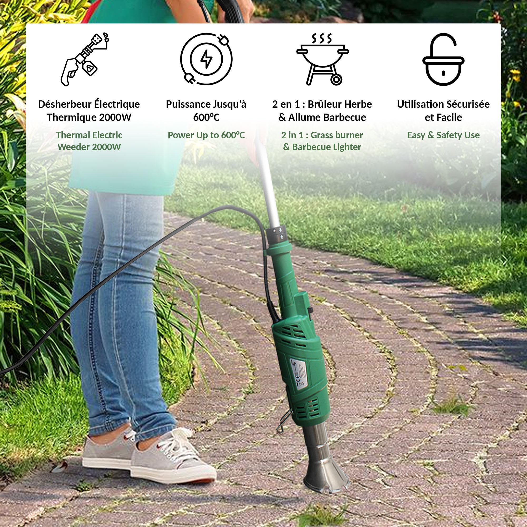 FISHTEC Désherbeur électrique thermique 2000 W - Brûleur écologique pour mauvaises herbes avec fonction allume-barbecue et manche amovible 95 cm