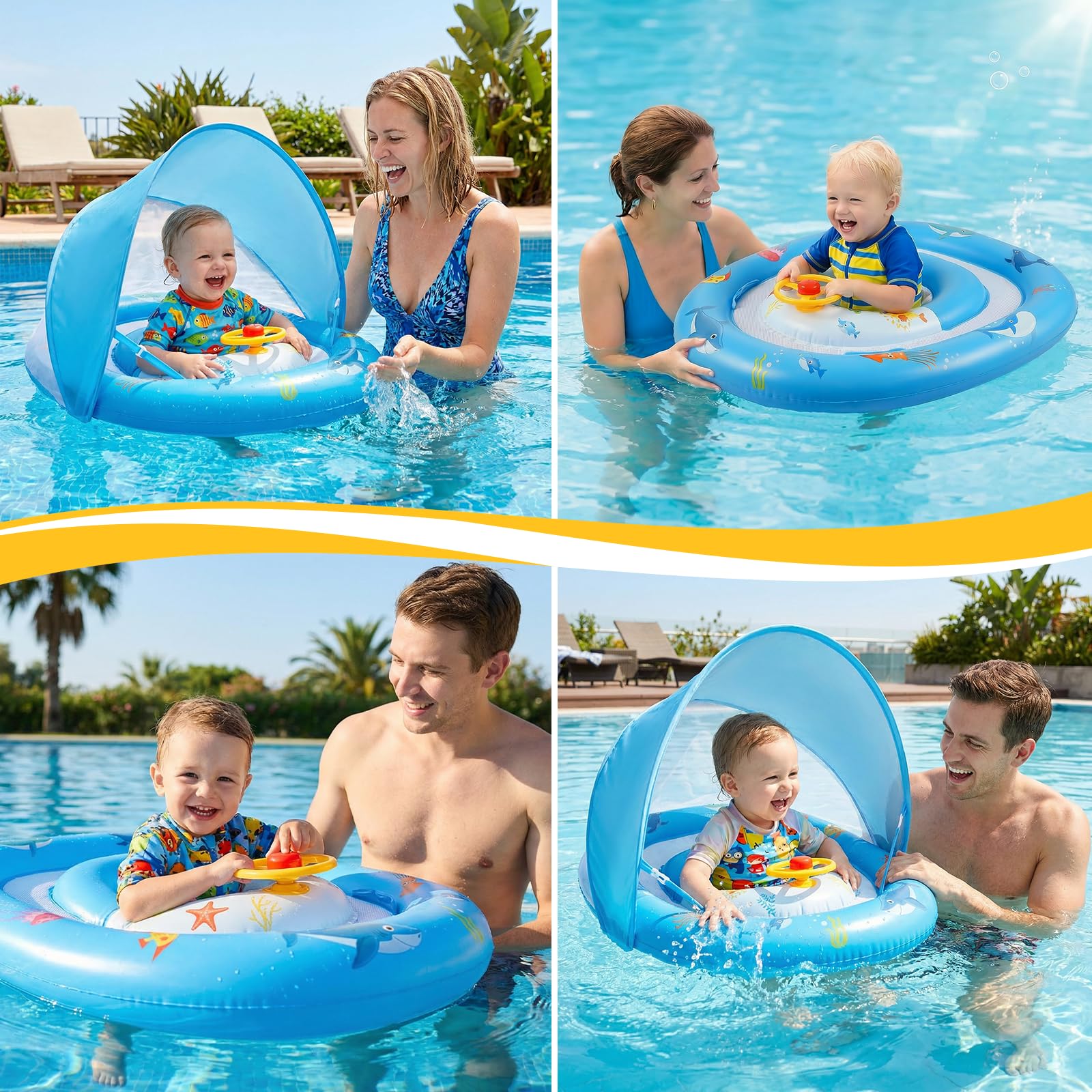Salvagente gonfiabile per bambini con parasole rimovibile seggiolino da nuoto per neonati piscina per bambini salvagente gonfiabile per bambini dai 18 ai 48 mesi