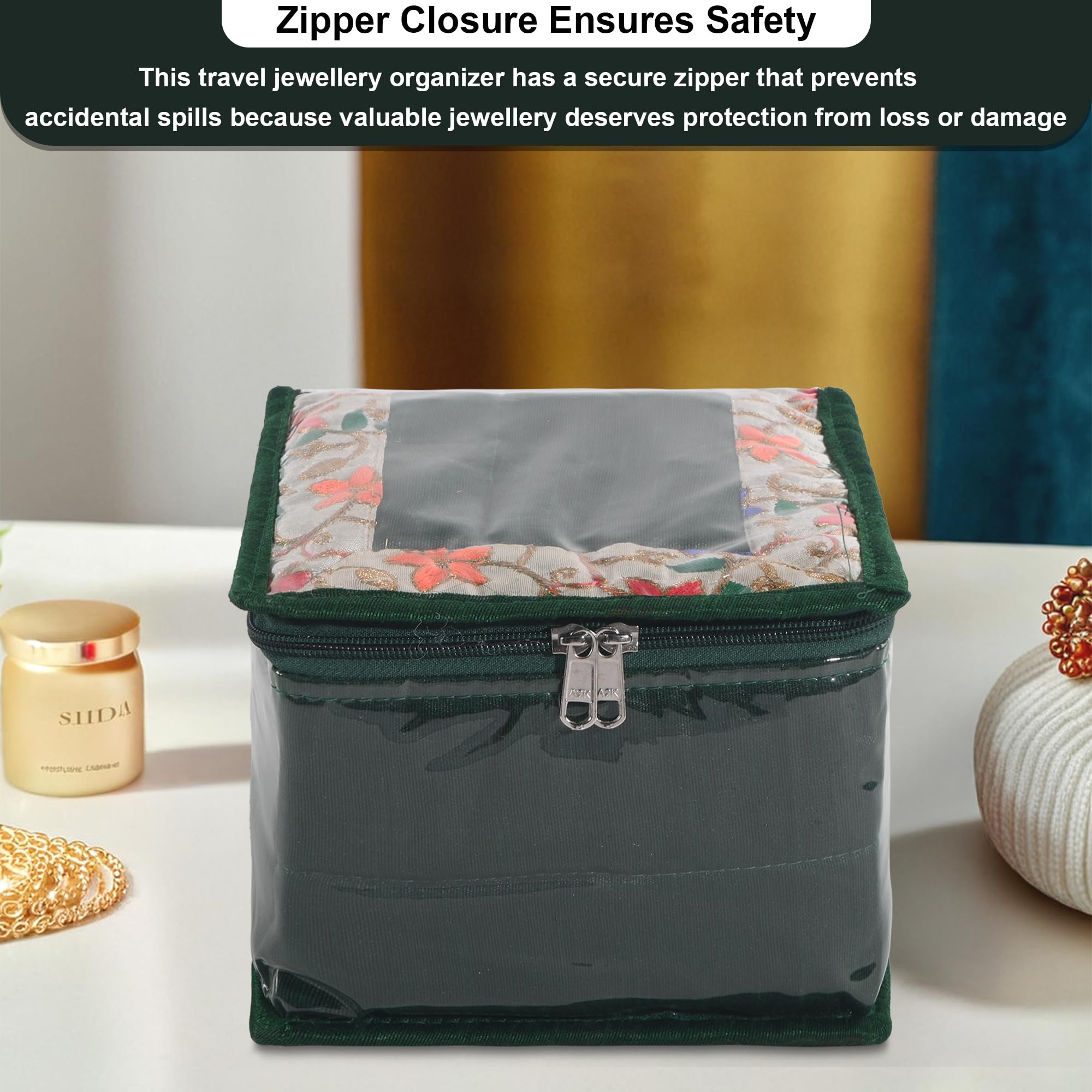 Kuber Industries Małe etui na kosmetyki z PCW, z 10 przegródkami, organizer na biżuterię, do przechowywania kolczyków, pierścionków i bransoletek, kwiatowy wzór, zielone