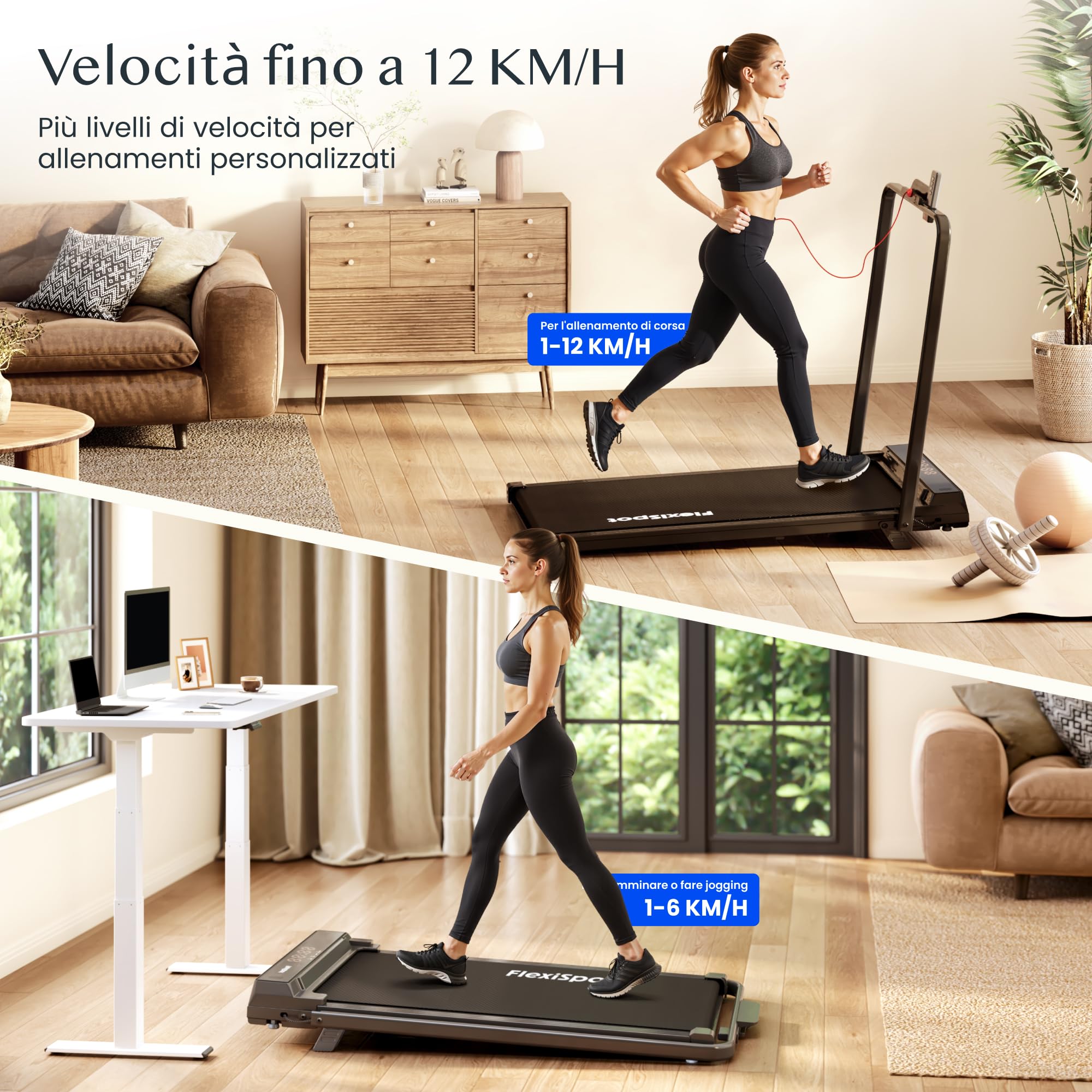 FLEXISPOT DynamicX Tapis Roulant Elettrico 2 in 1 Pieghevole con Corrimano, Walking Pad Inclinazione 7%, Velocità 1-12 km/h, Portata 140 kg, Display LED e Telecomando, per Casa e Ufficio