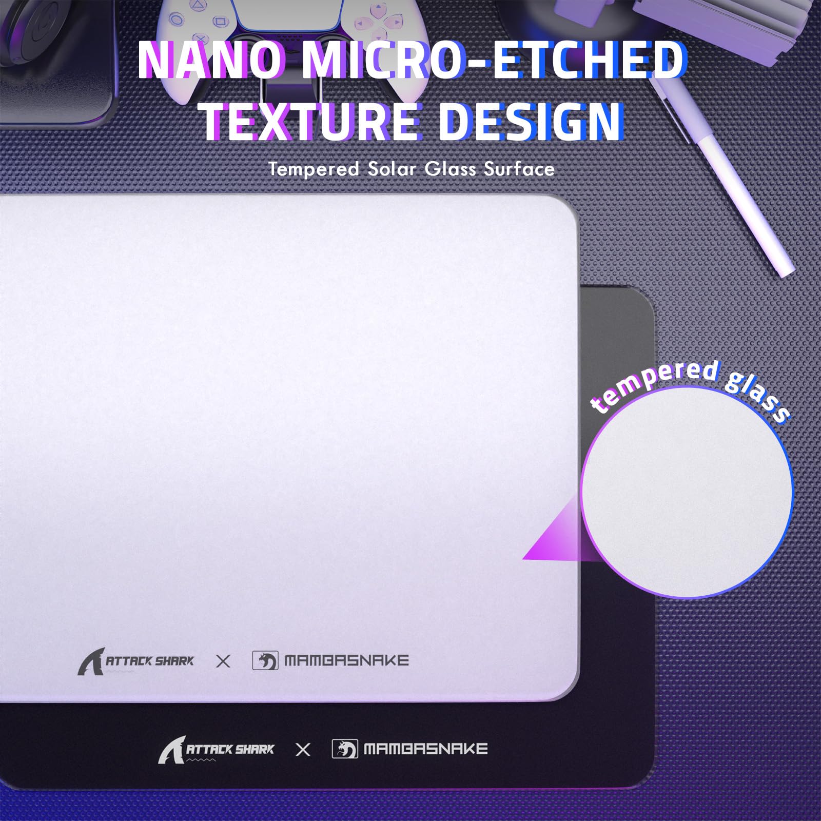 ATTACK SHARK CM05SE Tappetino Per Mouse In Vetro Temperato, Durezza 9H Anti-Graffi, Superficie Ultra-Liscia Incisa Nano, Base PU Antiscivolo, Alta Precisione, Movimento Veloce, 410×310×5mm - Bianco