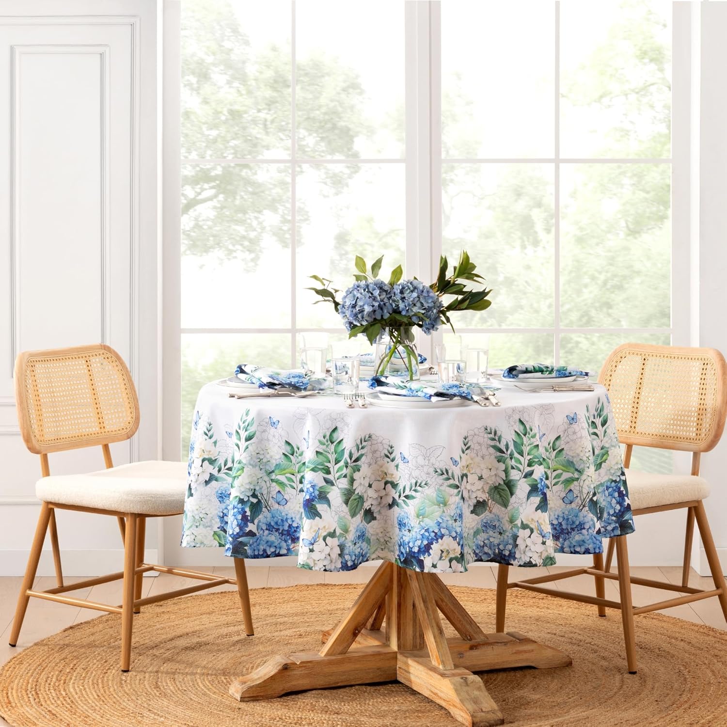 Elrene Home Fashions Hydrangea Bloom Floral Butterfly Double Border Spring/Summer Wrinkle Resistant Dining Tablecloth, 60"x102" Rectangle