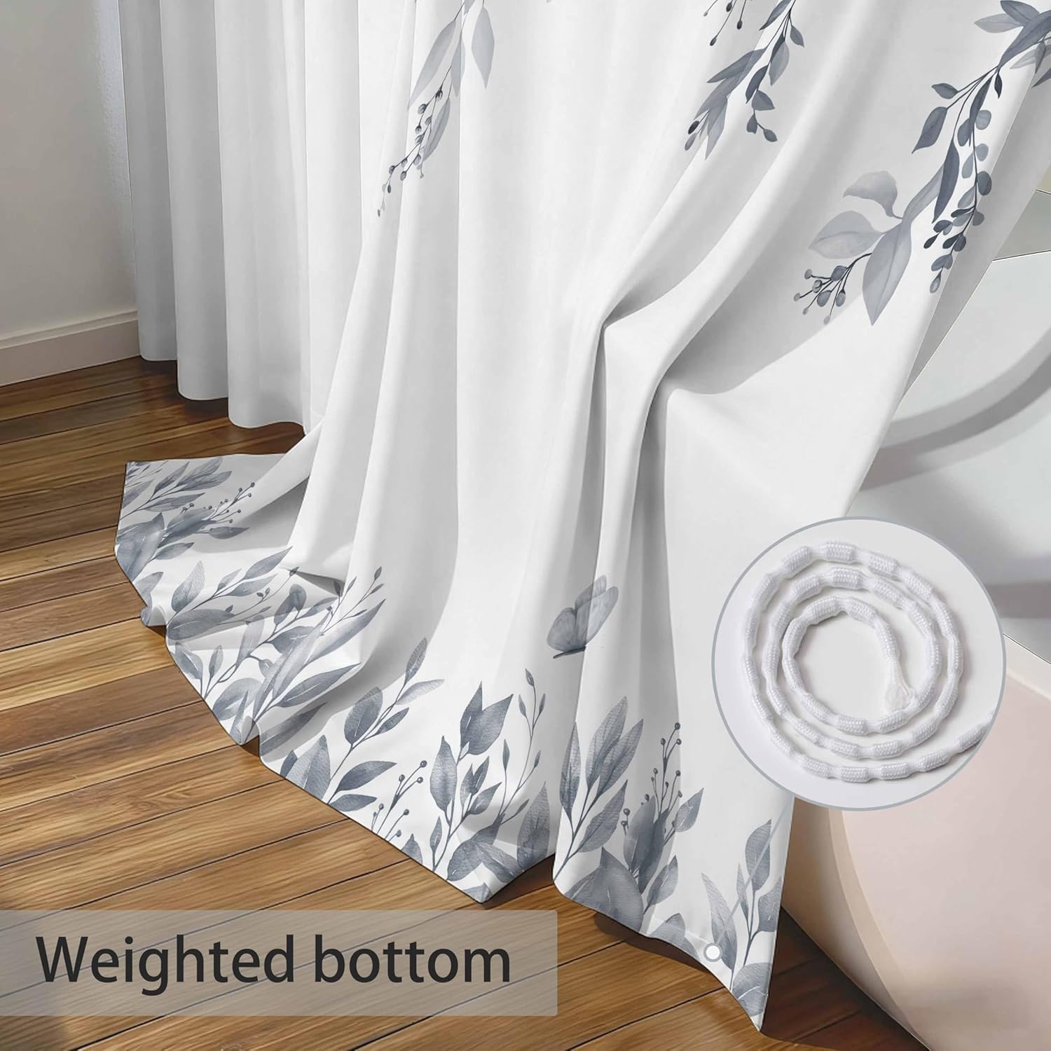 Eucalyptus Shower Curtains for Bathroom, Light Grey Watercolor Leaves with Floral Shower Curtain Sets with Hooks, Waterproof Fabric Botanical Bathroom Decor, 72x84 Inches