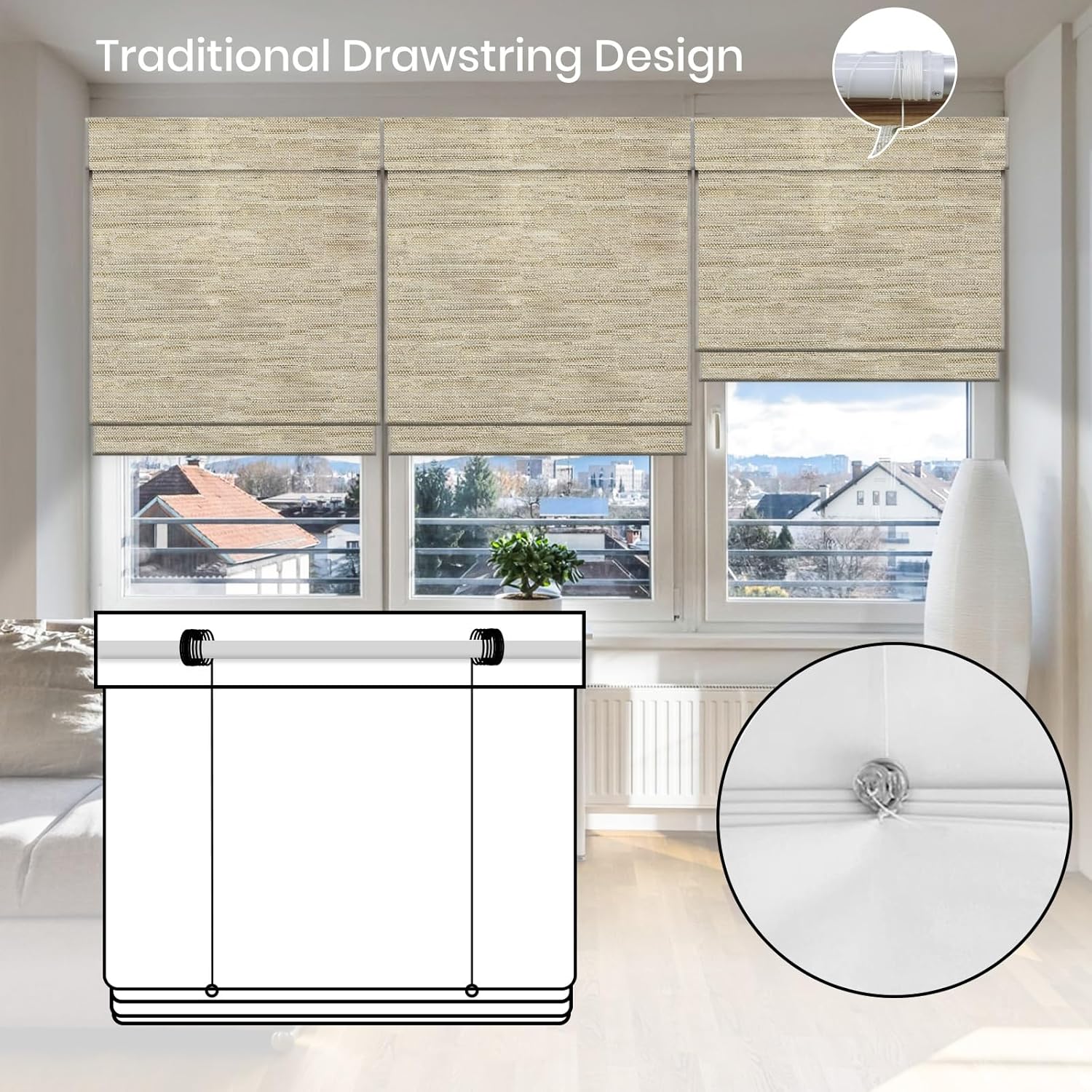 Motorized Roman Shades, Woven Woods Shades, Work with HomeKit/Alexa/Google Home, Cordless, Custom Size, Crocheting Kenaf