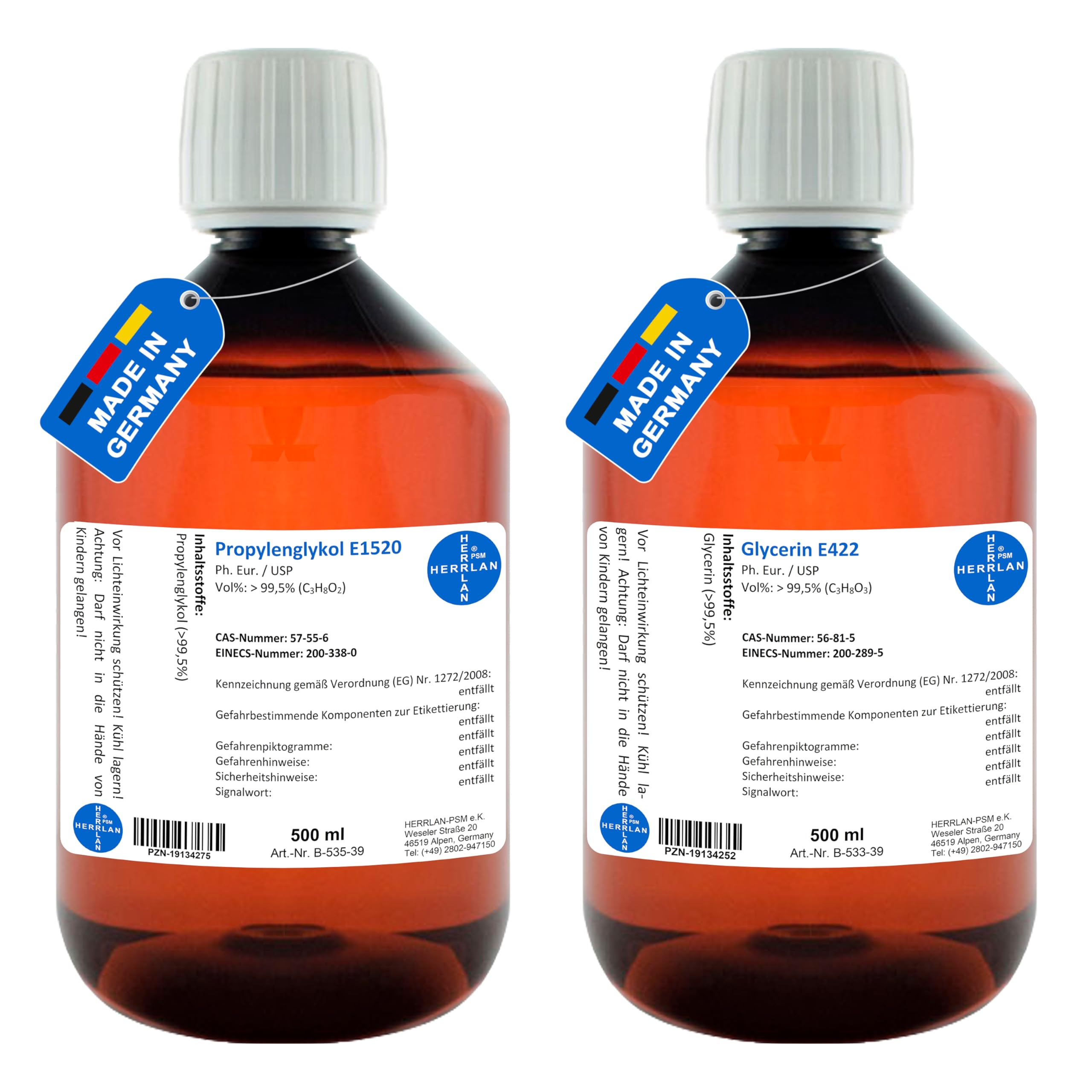 HERRLAN® Glycerin 99,5% E422 + Propylenglykol 99,5% E1520 – 2 x 500 ml Set  I Ph.Eur. - SPITZENQUALITÄT