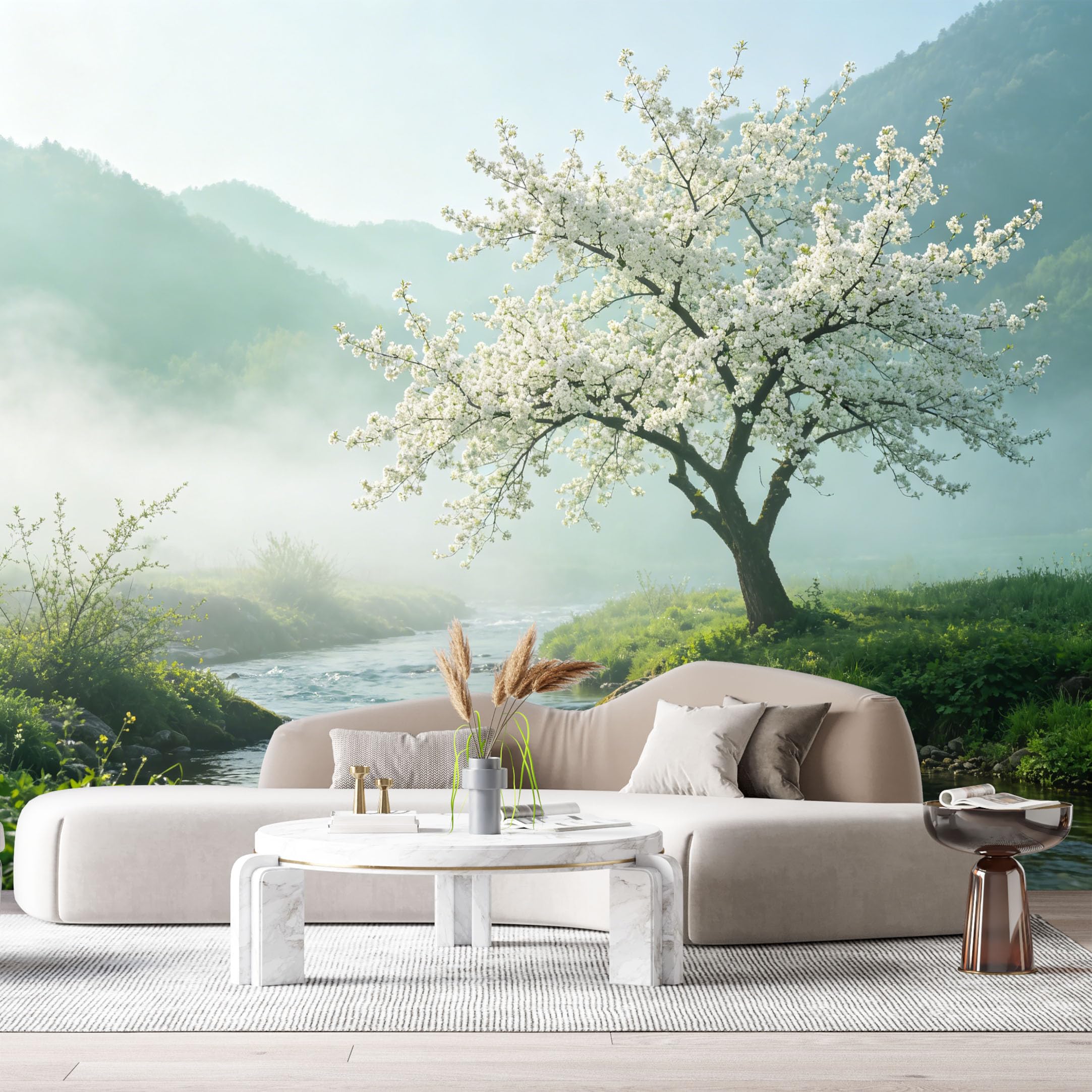 Custom Size Wall Murals Misty Morning Botanical Landscape White Cherry Blossom Tree Flowing River SelfAdhesive Wall Fabric Removable Large Wallpaper for Photo Living Room