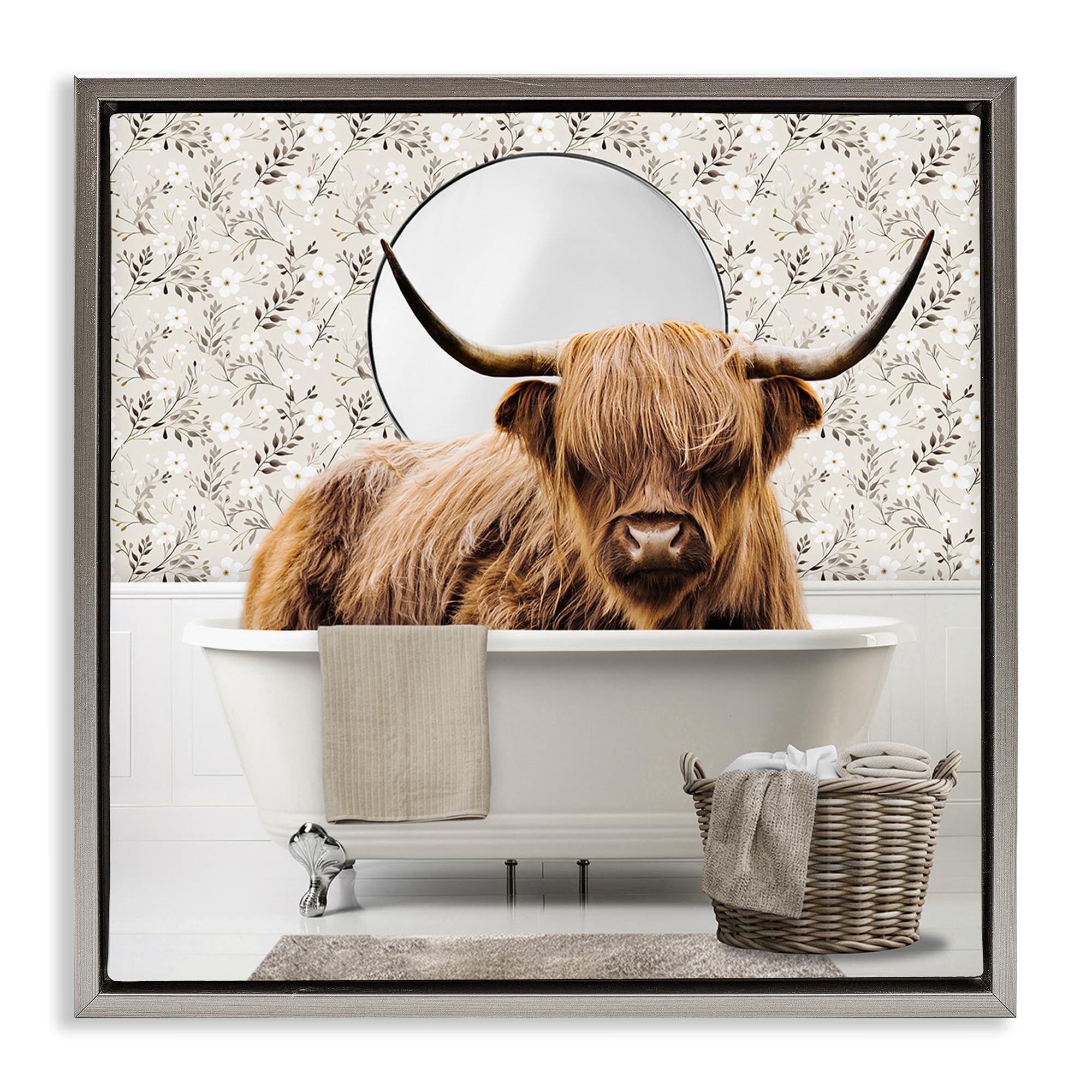 Stupell Industries 'Cottage Cattle Bath Time', Floating Frame Canvas Art, Gray, 18 x 18 Inches, Easy to Hang and Sturdy, Made in USA, by CAD Designs