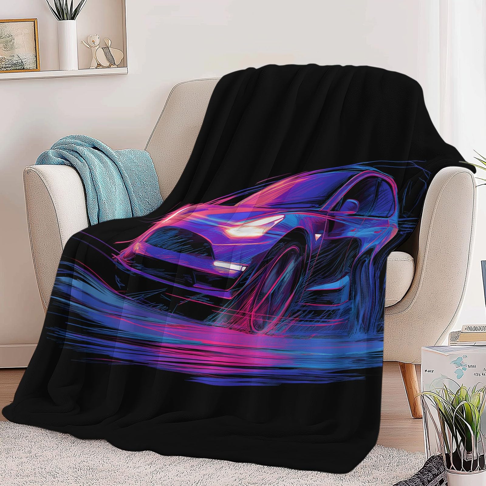 Generico Plaid Coperta Pile Nero Bambini Ragazzi Ragazze Plaid Pile Stile Fumetto Auto Elettrica Al Neon Coperte Flanella, 220 x 240 cm Letto e Divano Blanket Peluche Morbida e Calda