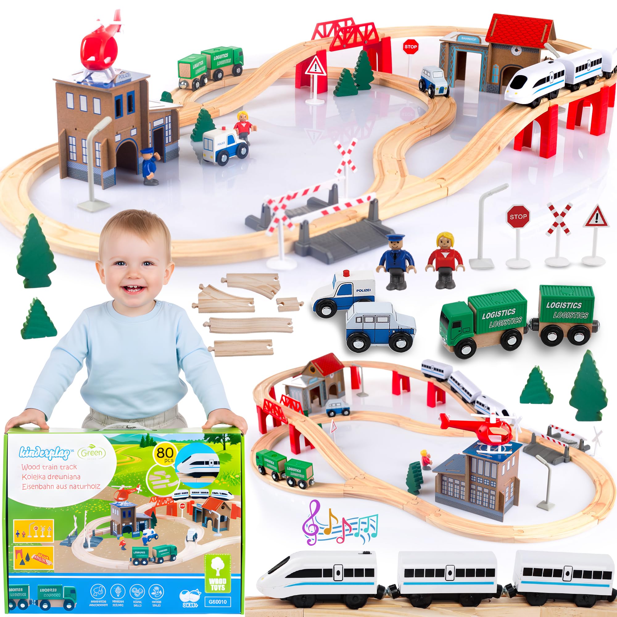 Green series Kinderplay Wooden Train Set | Train Toy - Wooden Train Track | Train Set for 3 year Old Boys, 80 pcs, 378 cm long | Railway Ride On Battery | Police Station, GS0010