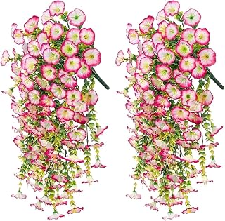 Artificial Hanging Flowers for Outdoors, 4PCS UV Resistant Fake Flowers, Outdoor Faux Silk Plants for Outside, Hanging Faux for Outdoor Planters Decoration (Pink & White)